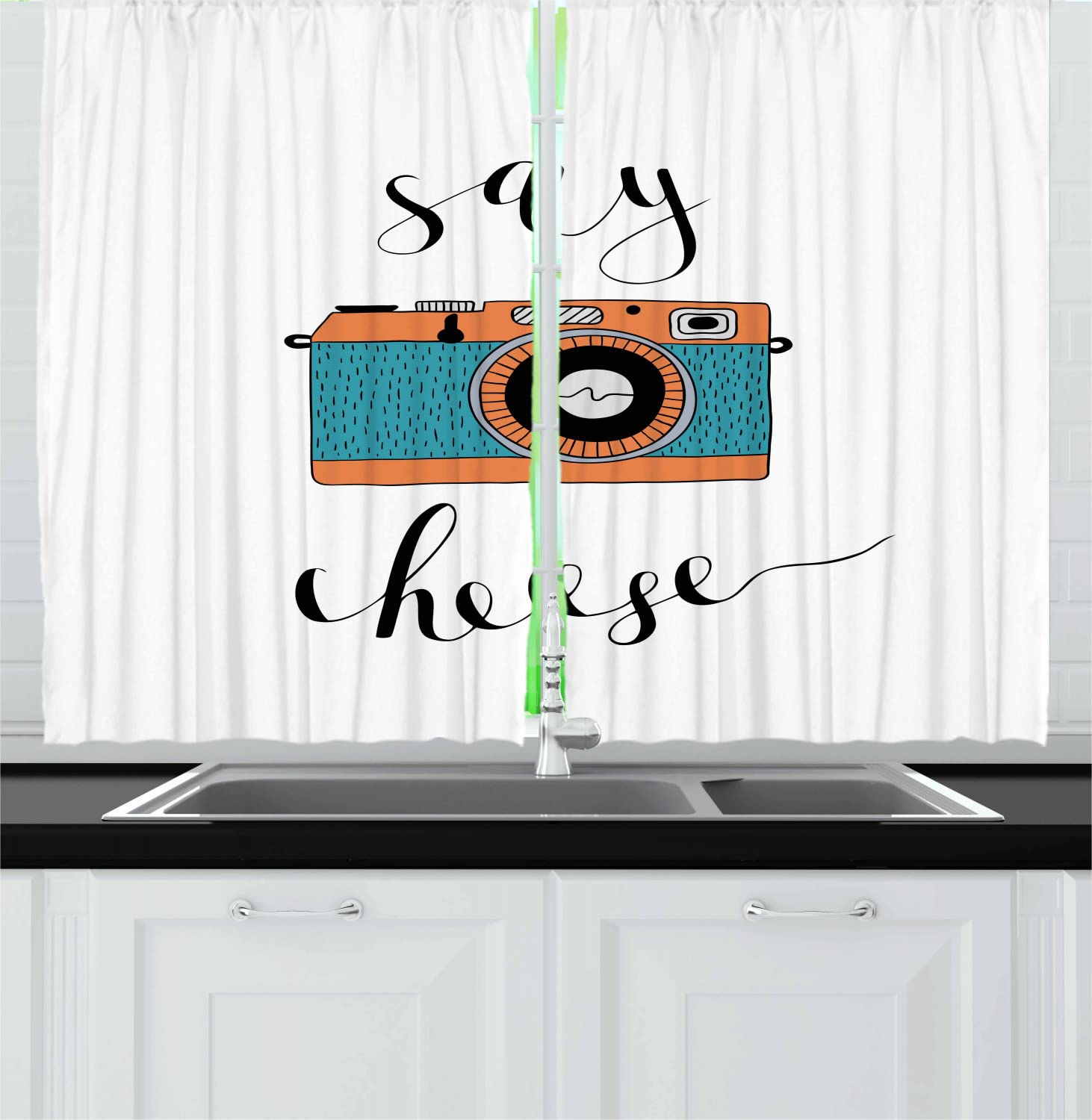 Ambesonne Vintage Camera Kitchen Curtains - Say Cheese Retro Photography Design, 2 Panel Rod Pocket Drapes for Windows, 55 x 45 Inches, Salmon Teal Black White - Perfect for Retro Kitchen Decor & Photography Enthusiasts