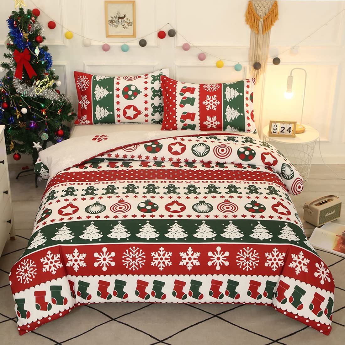 Premium Mengersi Christmas Snowflakes & Xmas Trees Duvet Cover King Size - Festive Holiday Bedding Set with Zipper Closure - Cozy Winter Home Decor for Bedroom (Green) - Perfect for Christmas Celebrations, Winter Home Styling & New Year Decorations