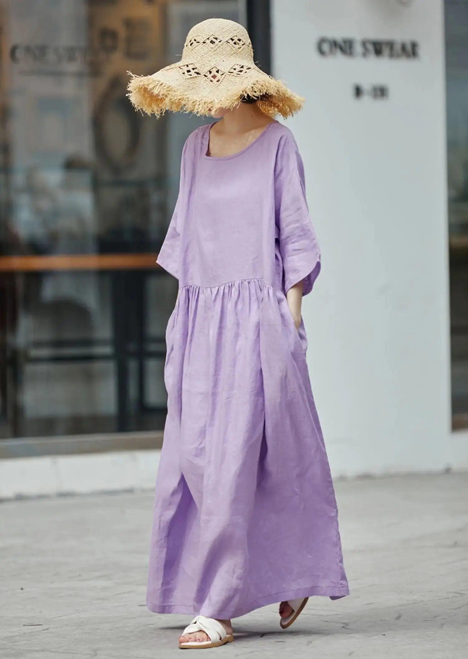 Elegant Purple Maxi Dress for Women - Soft Linen Fabric with Flowy Batwing Sleeves | Perfect for Summer Beach, Vacations & Casual Outings