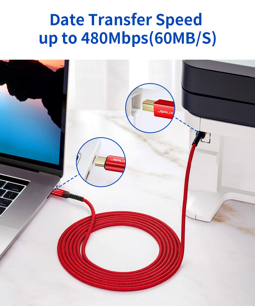 JSAUX 10ft USB B to USB C Printer Cable - Nylon Braided USB C MIDI Cable for MacBook Pro, HP, Epson, Canon, Brother, Lexmark, Xerox Printers & Scanners - Fast Charging & Data Sync - Perfect for Home Office & Studio Setup (Red)