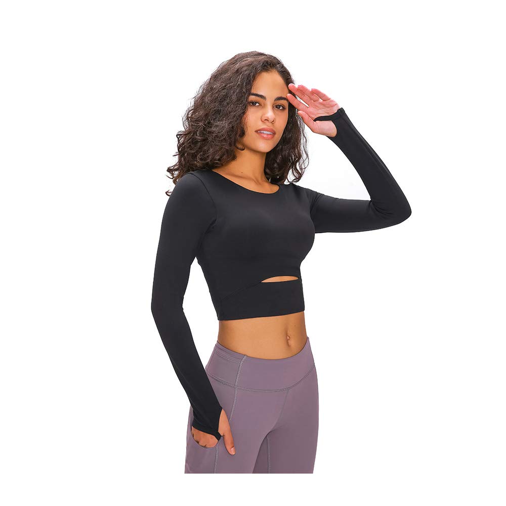 Women's Yoga Crop Tops - Long Sleeve Workout Shirts with Built-in Shelf Bra, Stretchy Athletic Cropped Sweatshirts for Yoga, Gym & Running