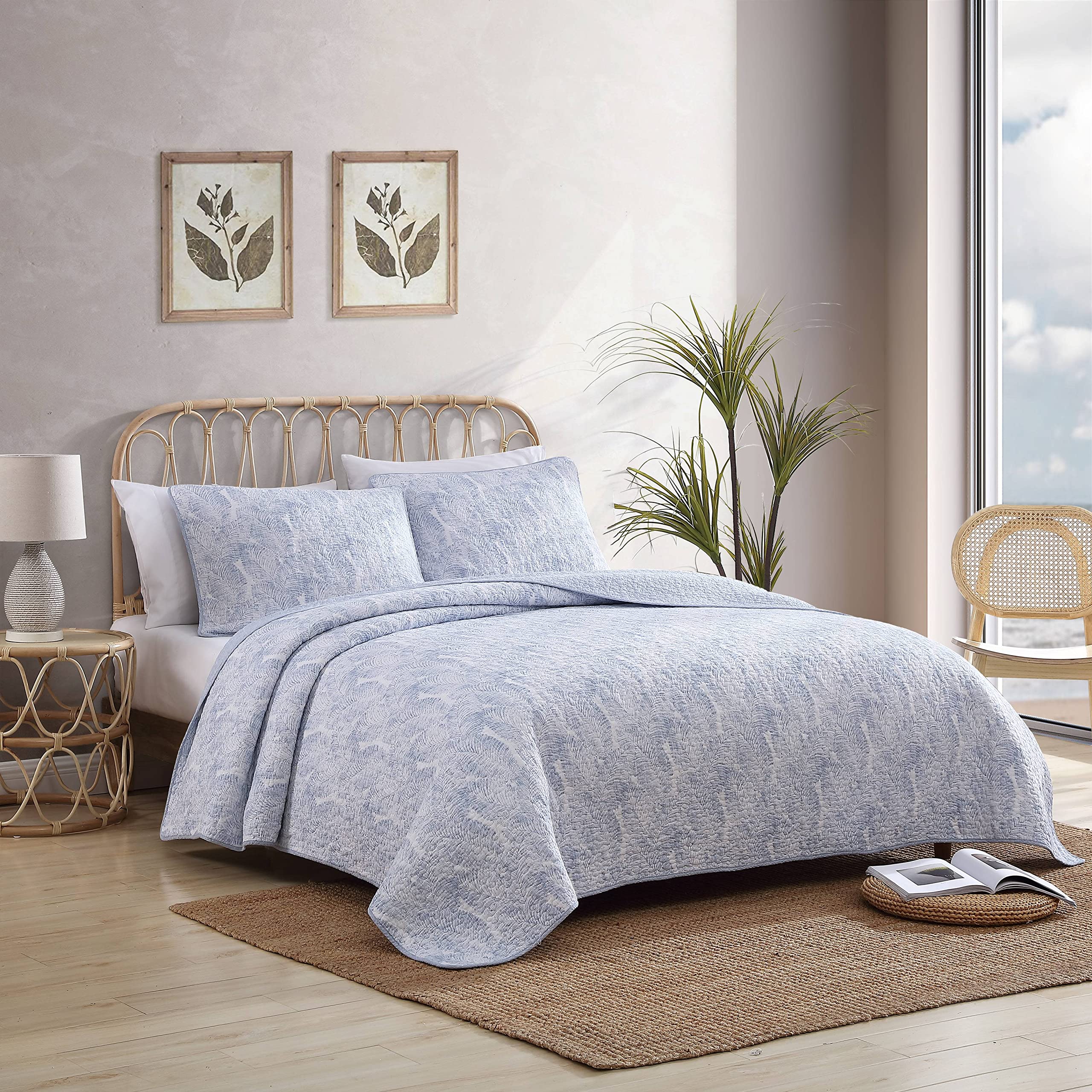 Tommy Bahama King Size Reversible Cotton Quilt Set with Matching Sham - Coastal Bedding in Distressed Water Leaves Blue, Textured Reverse for Comfort & Style | Perfect for Beach House, Guest Room & Coastal-Themed Bedrooms