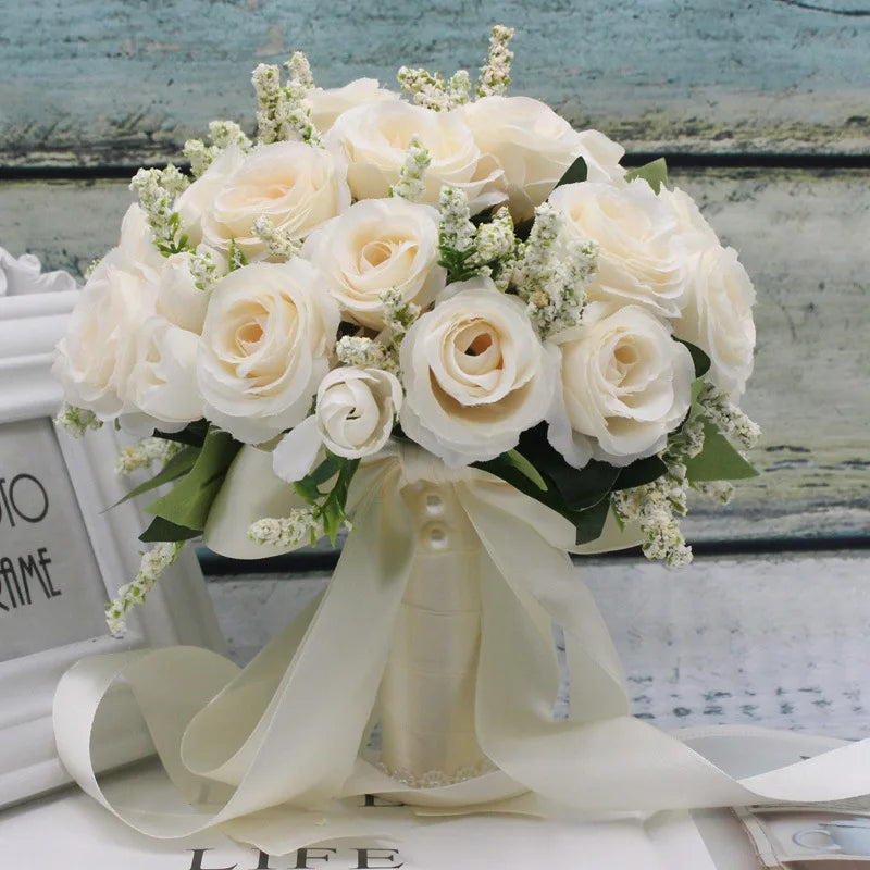 Artificial Silk Rose Wedding Bouquet with Satin Ribbon - Elegant Bridal Bouquet for Wedding, Bridal Shower, Anniversary & Home Decor