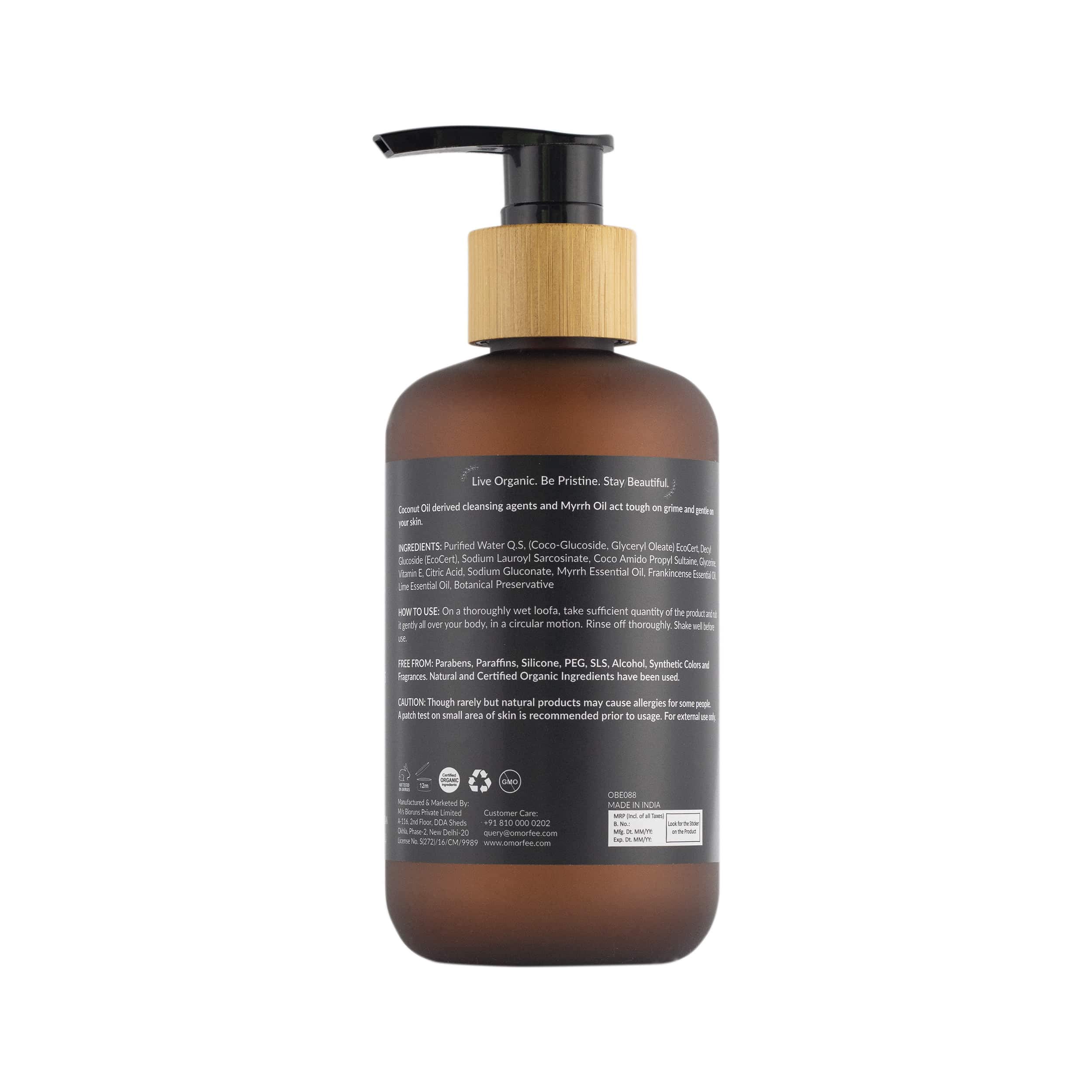 OMORFEE Organic Men's Body Wash - Natural Lime, Frankincense & Myrrh Oil Body Cleanser (250ml/8.45oz) | Hydrating & Refreshing Shower Gel for Daily Skincare Routine | Perfect Gift for Men