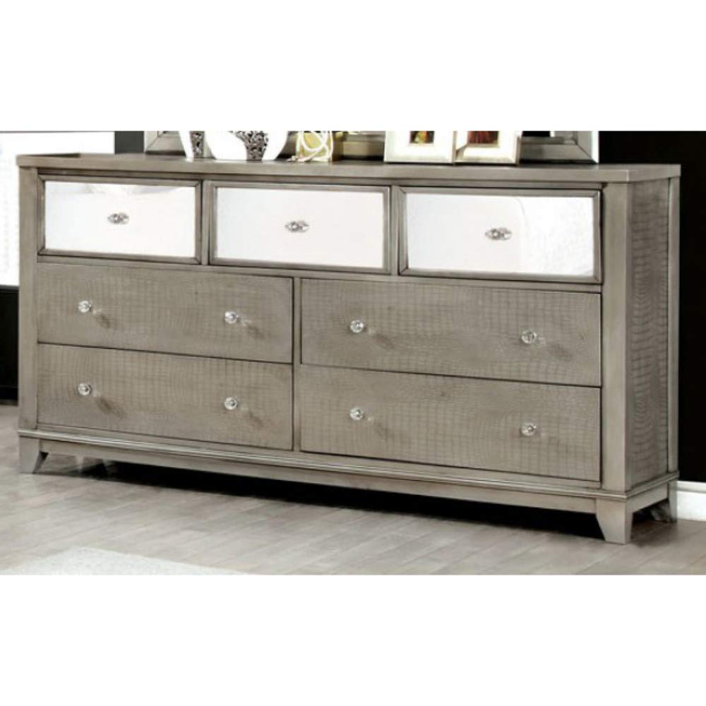 Benjara Benzara Crocodile Textured Wooden Dresser - Silver Finish Modern Bedroom Furniture for Home Decor & Storage