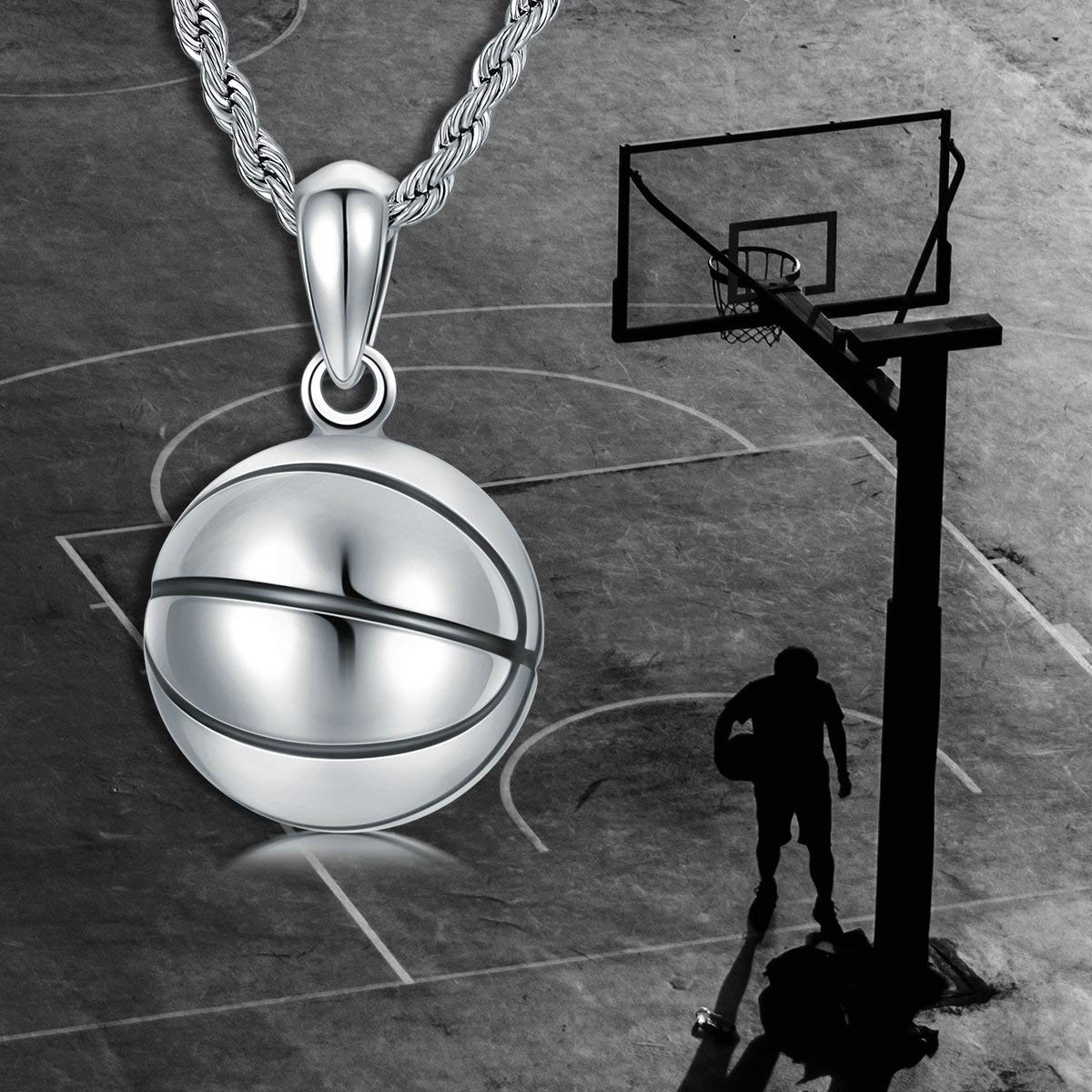 925 Sterling Silver Basketball Necklace for Men - Matte Finish Sports Pendant with 2.5mm 22