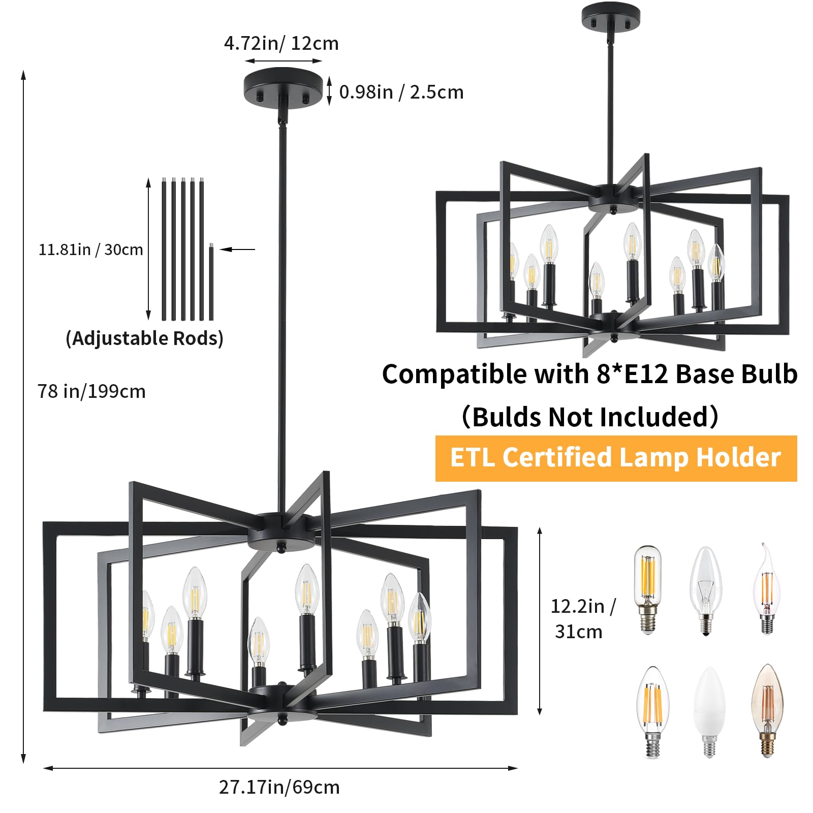 Modern Black 8-Light Chandelier - Industrial Metal Farmhouse Lighting Fixture for Dining Room, Kitchen, Entryway & Living Room | E12 Bulbs Not Included | Perfect for Rustic Home Decor & Open Concept Spaces