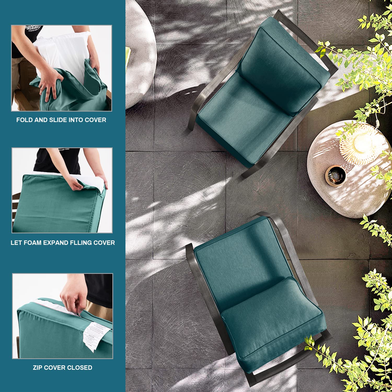 24x24 Inch Deep Seat Patio Cushions for Outdoor Furniture - 6 Inch Thick with 18x24 Inch Back Cushion - Removable & Replaceable Olefin Fabric - Solid & Floral Patterns (Aqua) - Perfect for Patio, Deck, Poolside & Indoor Use