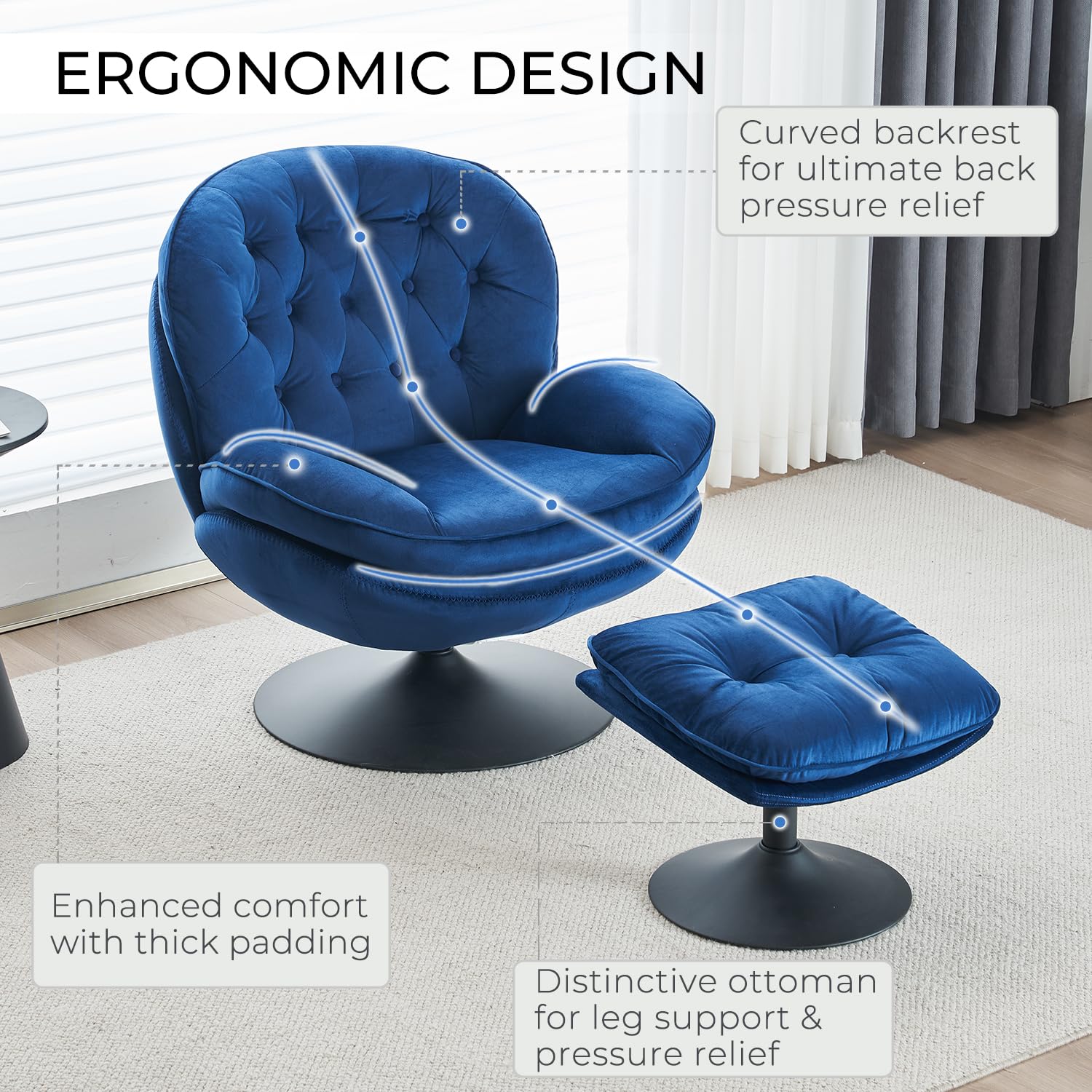 Velvet Swivel Accent Chair with Ottoman Set - Modern Tufted Armchair with Footrest for Living Room & Bedroom - 360 Degree Swivel Reading TV Chair for Adults - Blue Comfortable Lounge Chair for Relaxing, Entertaining & Home Decor