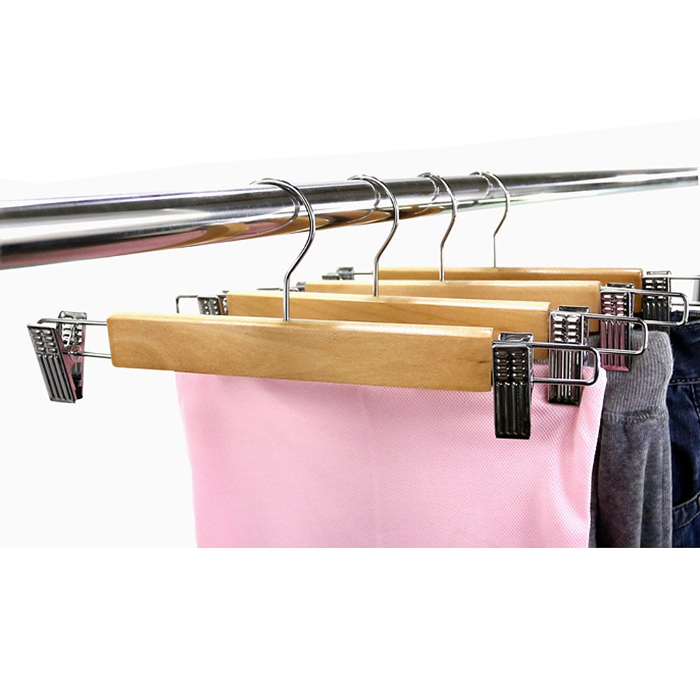 10-Pack Natural Wooden Pant & Skirt Hangers with 2 Adjustable Rust-Resistant Clips - Space-Saving Closet Organizer for Pants, Skirts & Dresses