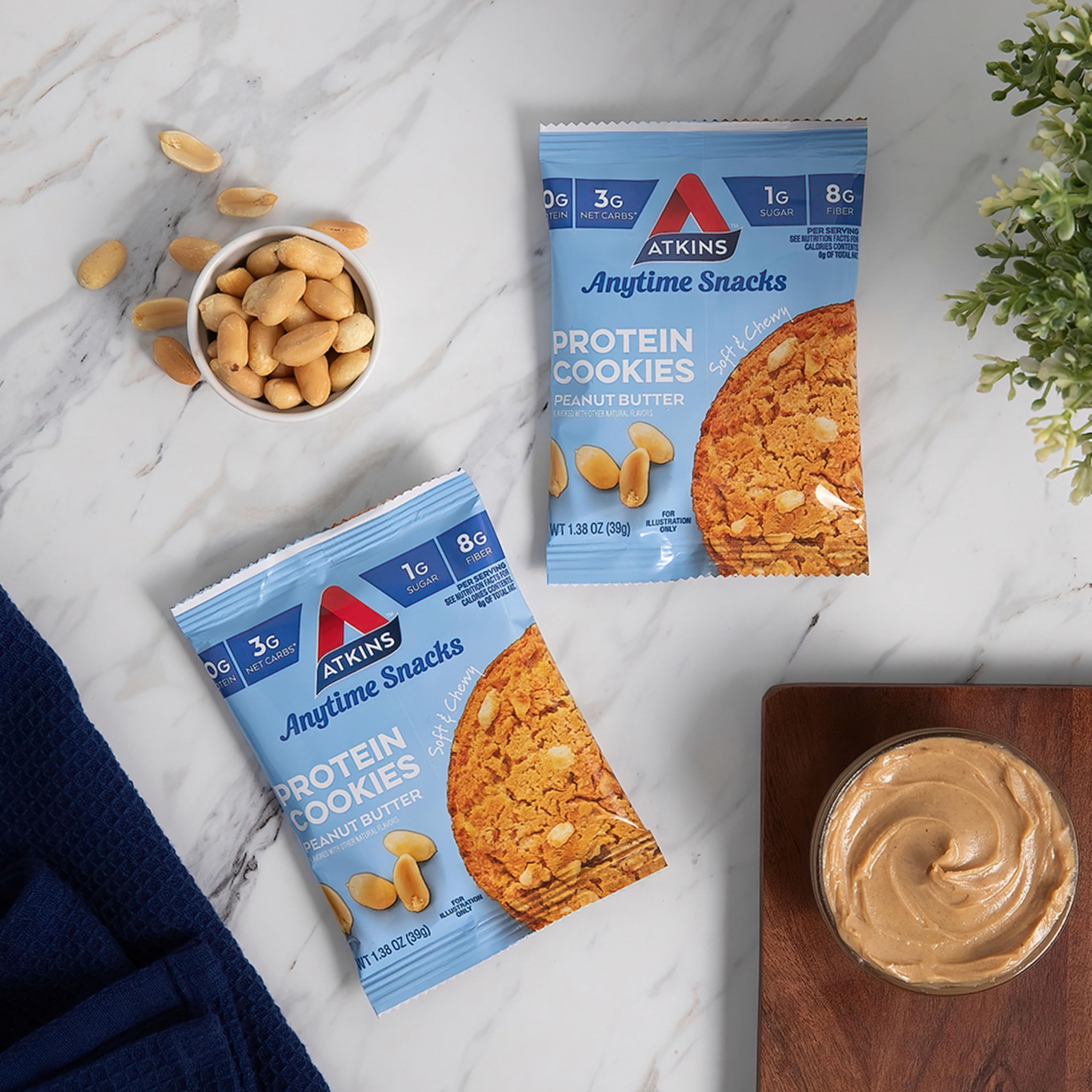 Atkins Peanut Butter Protein Cookies - Low Carb Keto Friendly Snack, High Protein Dessert with 3g Net Carbs & 1g Sugar, Gluten Free Fiber Rich Treat (4 Pack) - Perfect for On-the-Go Energy, Post-Workout Recovery & Healthy Weight Management