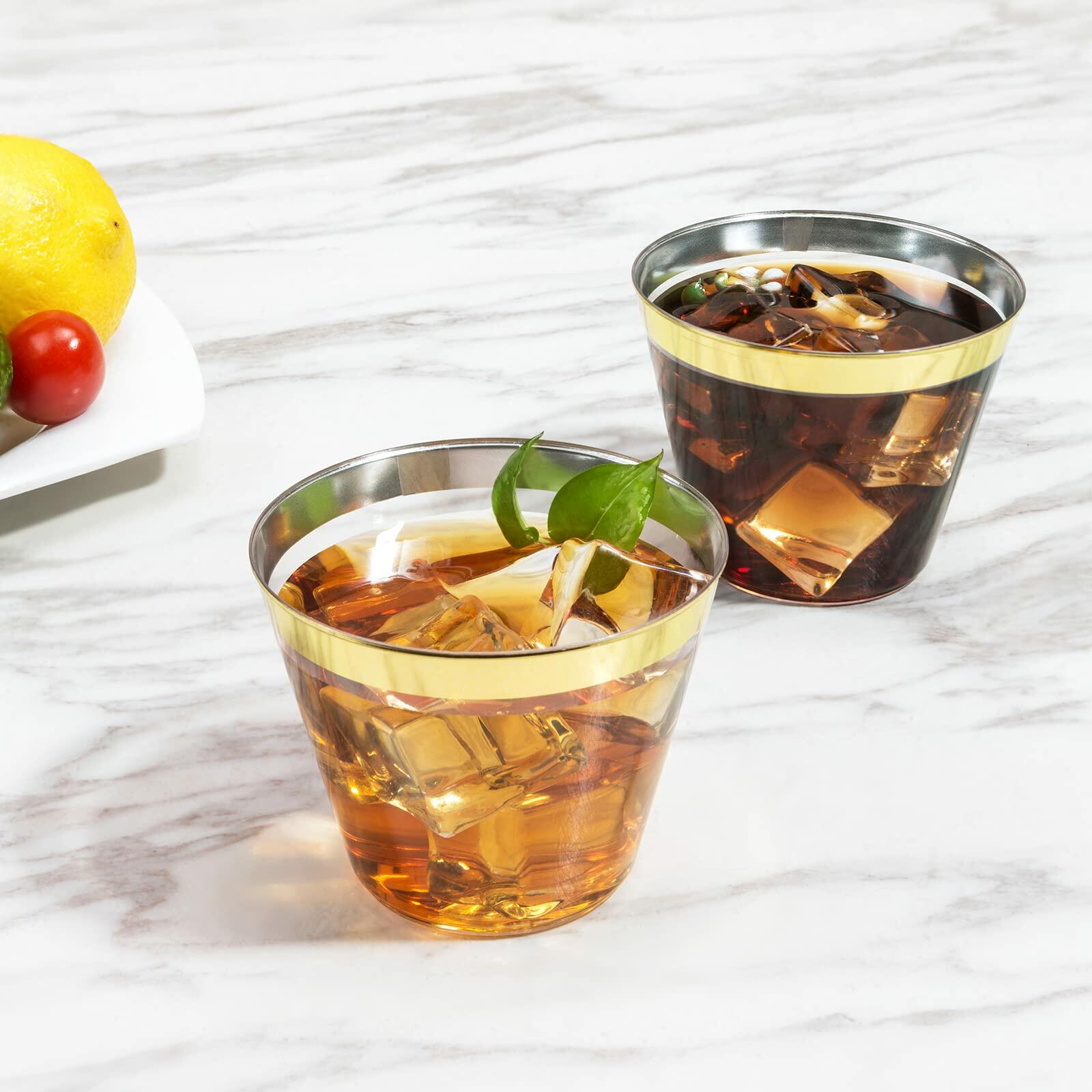 100-Pack 9 oz Gold Rim Disposable Plastic Cups - Elegant Wedding & Party Drinkware Set for Champagne, Cocktails, and Beverages - Perfect for Weddings, Bridal Showers, Birthday Parties, and Special Events