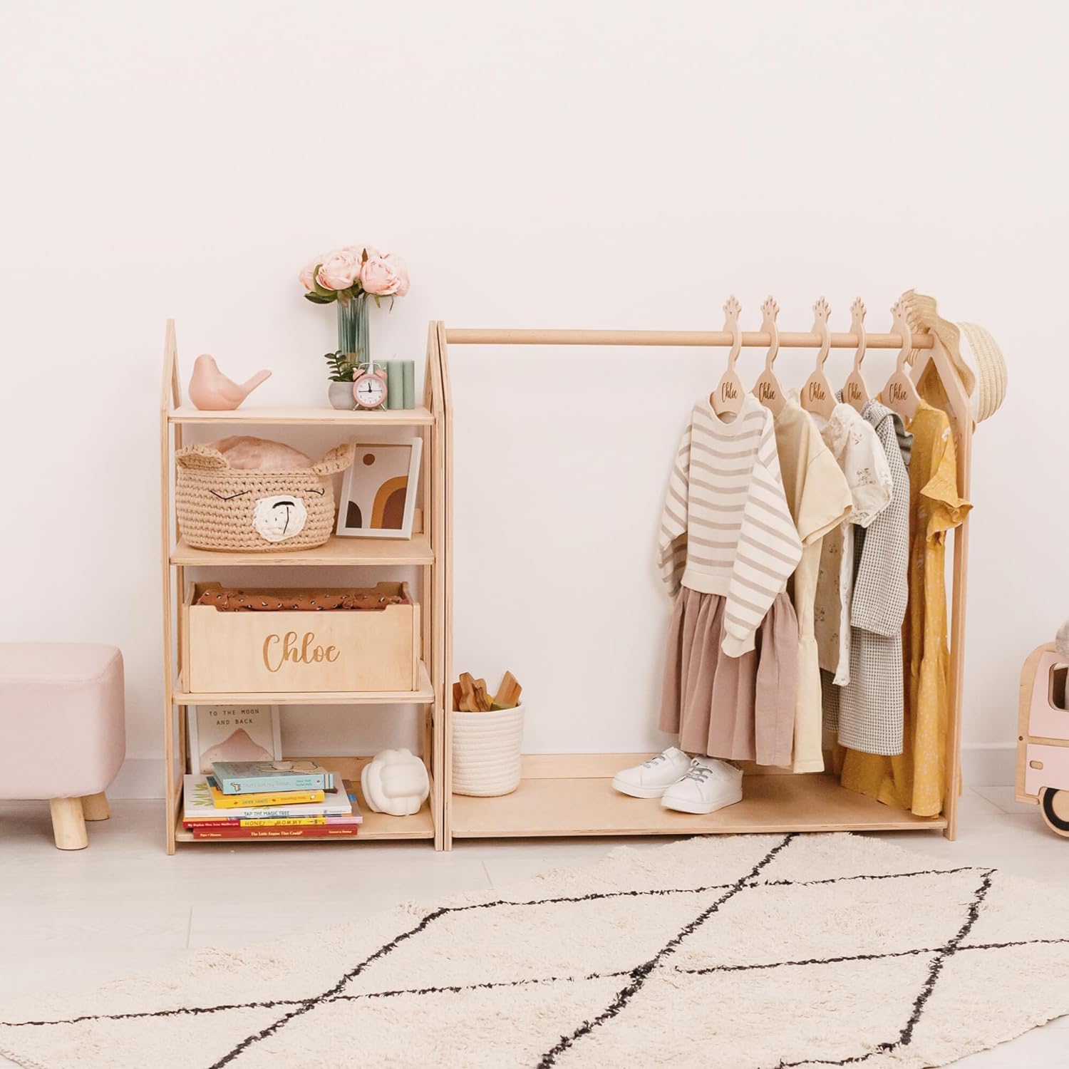 Personalized Kids Clothes Rack - Adjustable Toddler Wardrobe Organizer for Boys & Girls | Montessori Closet Shelf for Baby Clothes Storage | Perfect for Bedroom, Nursery & Playroom Organization