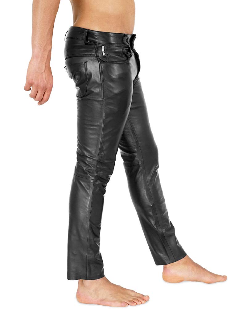 Bockle® Men's Slim Fit Aniline Leather Jeans with Zipper - Stylish Skinny Pants for Casual Wear & Night Out