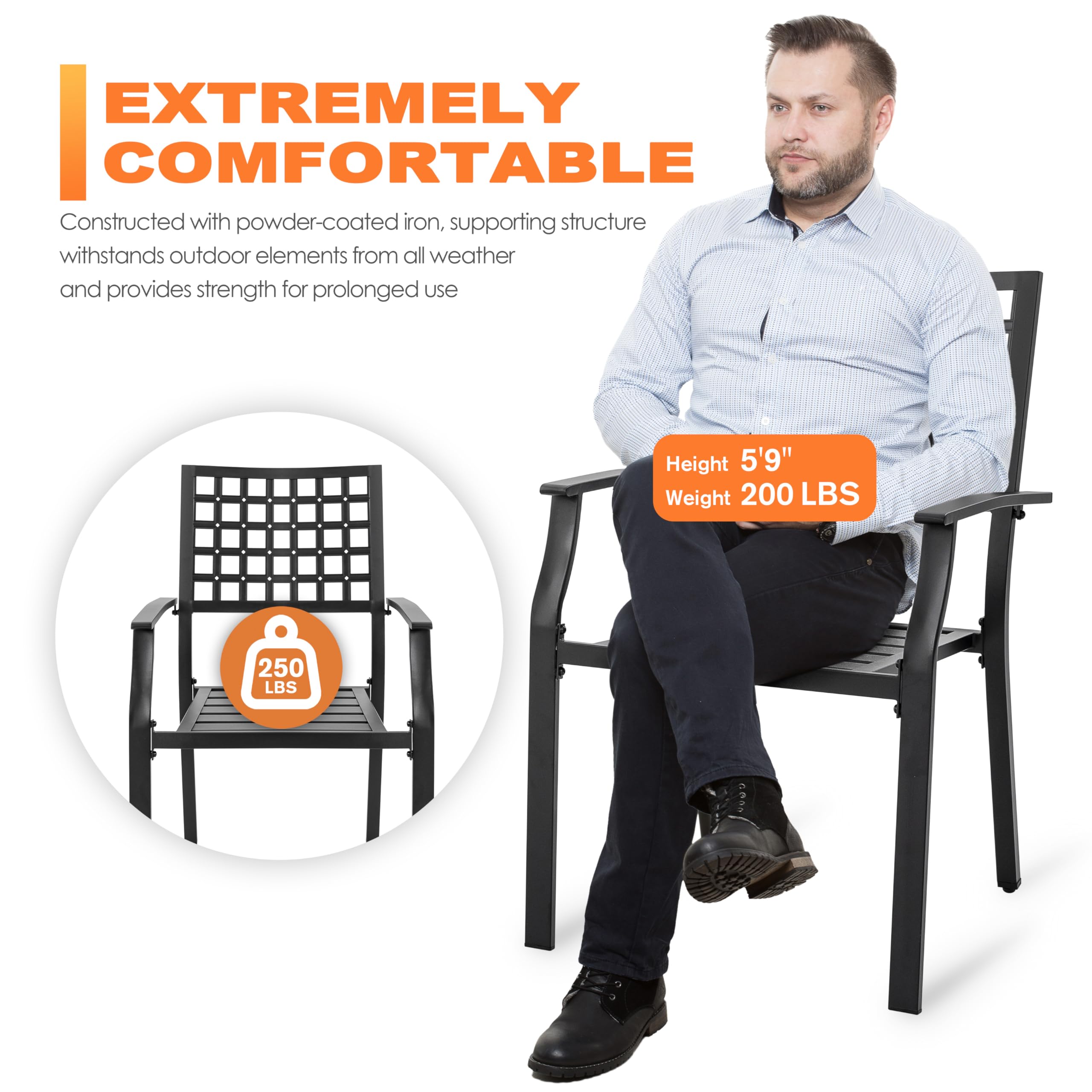 NUU GARDEN Patio Dining Chairs Set of 2 - 300Lbs Capacity Stackable Outdoor Metal Chairs with Armrests - Wrought Iron Patio Furniture for Backyard, Lawn, Deck, Poolside, Porch, Bistro - Perfect for Outdoor Dining, Relaxing & Entertaining - Black