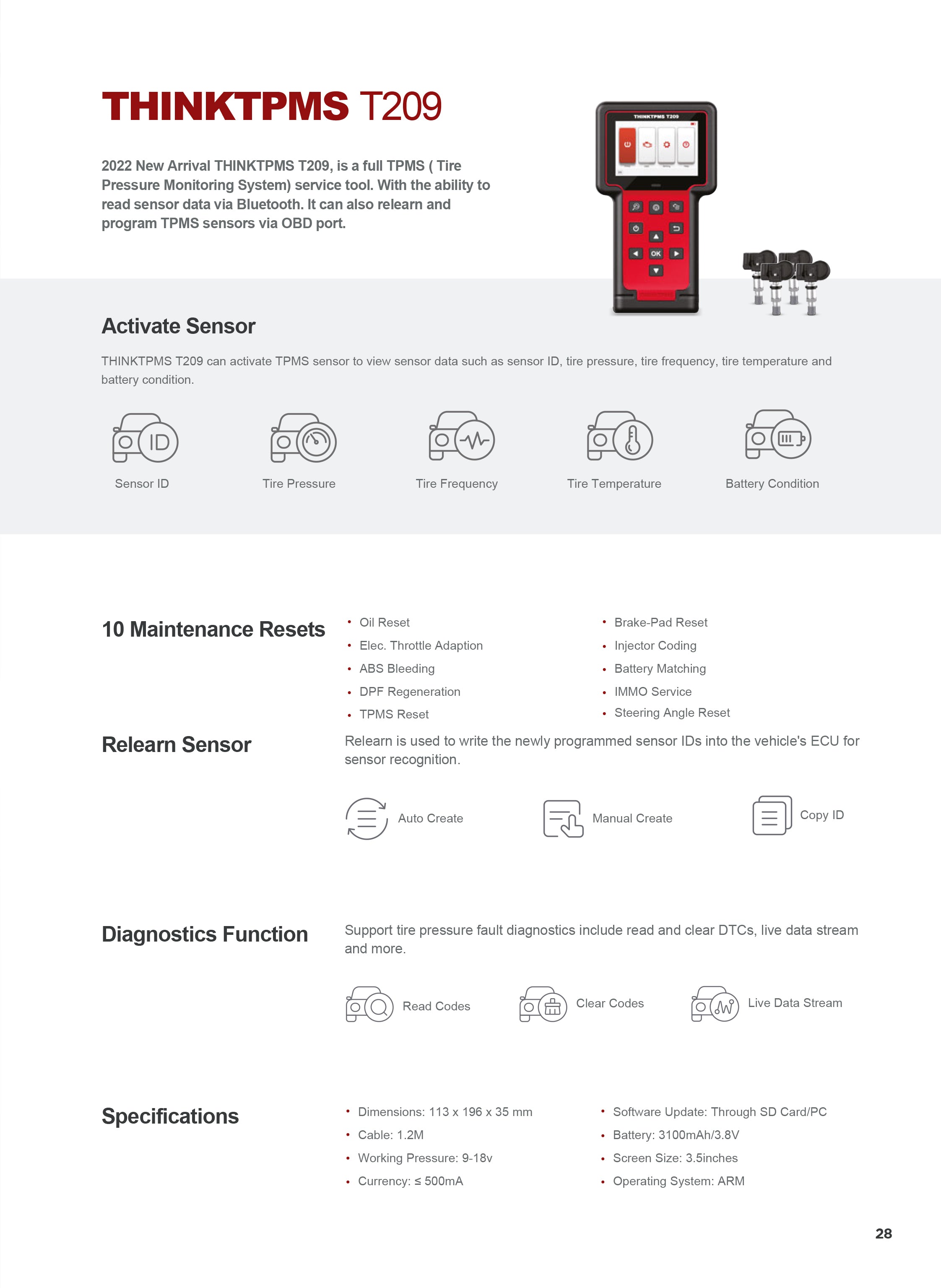 THINKTPMS T209 OBD2 Scanner - Tire Pressure Sensor Relearn & Reset Tool for Automotive Diagnostics | Use for TPMS Service, Vehicle Maintenance & Quick Sensor Programming
