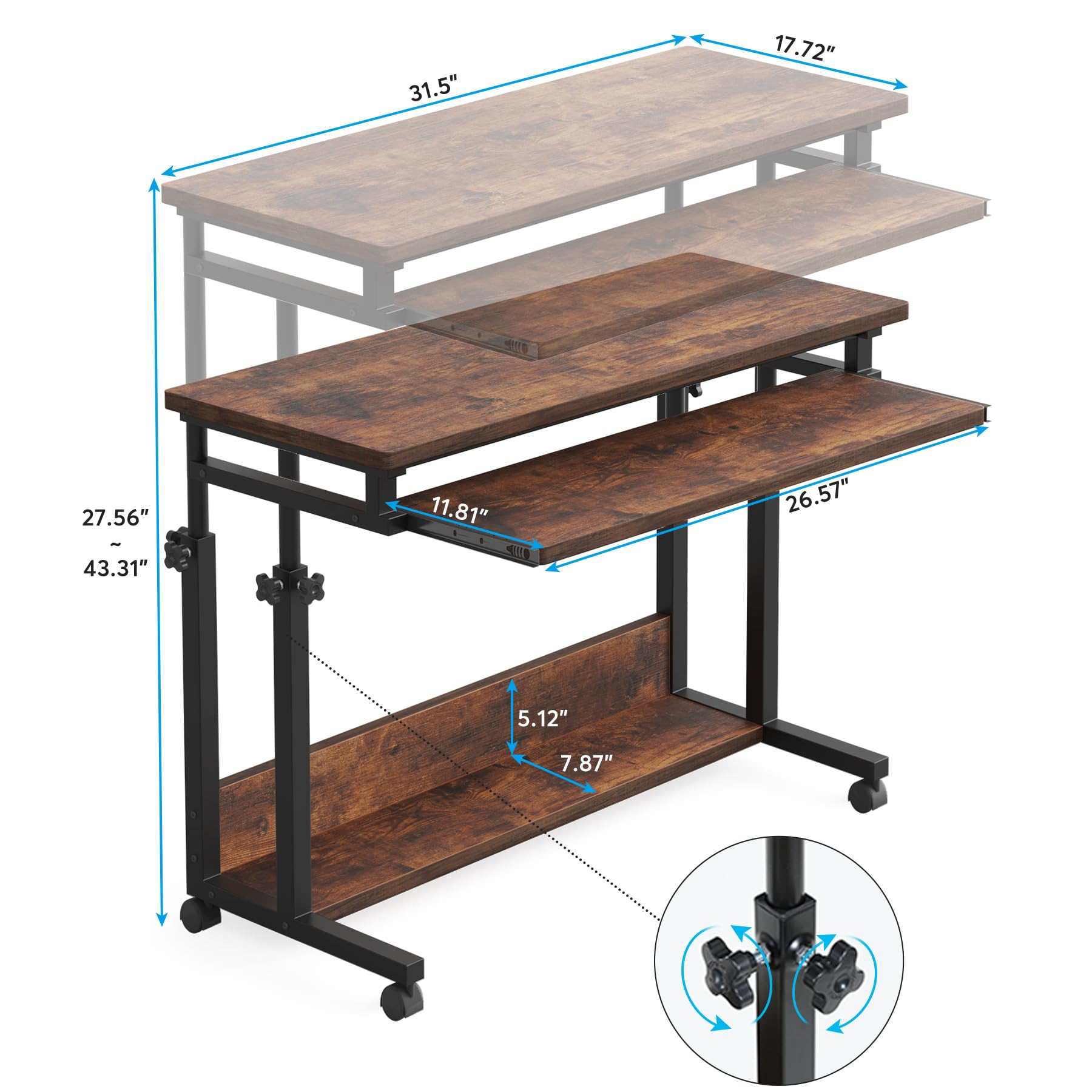 Tribesigns Adjustable Height Portable Laptop Desk for Sofa & Bed - Rolling Computer Cart with Keyboard Tray & Wheels - Perfect for Home Office, Gaming & Remote Work