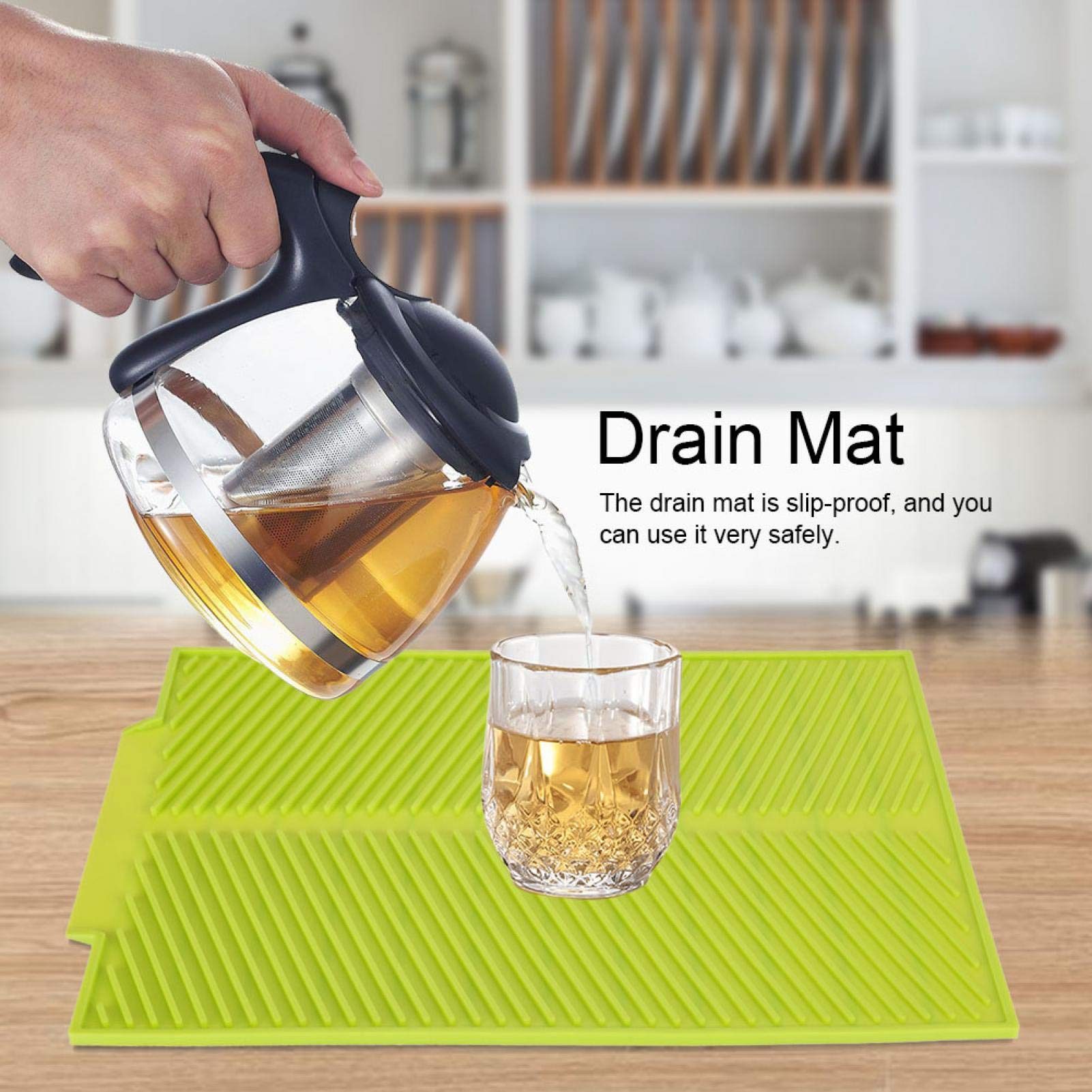 Universal Silicone Drain Mat - Non-Slip, Heat Resistant Dish Drying Rack Pad | Roll-Up Design for Easy Storage | Perfect for Kitchen Sink, Countertop & Dish Drying (Green)