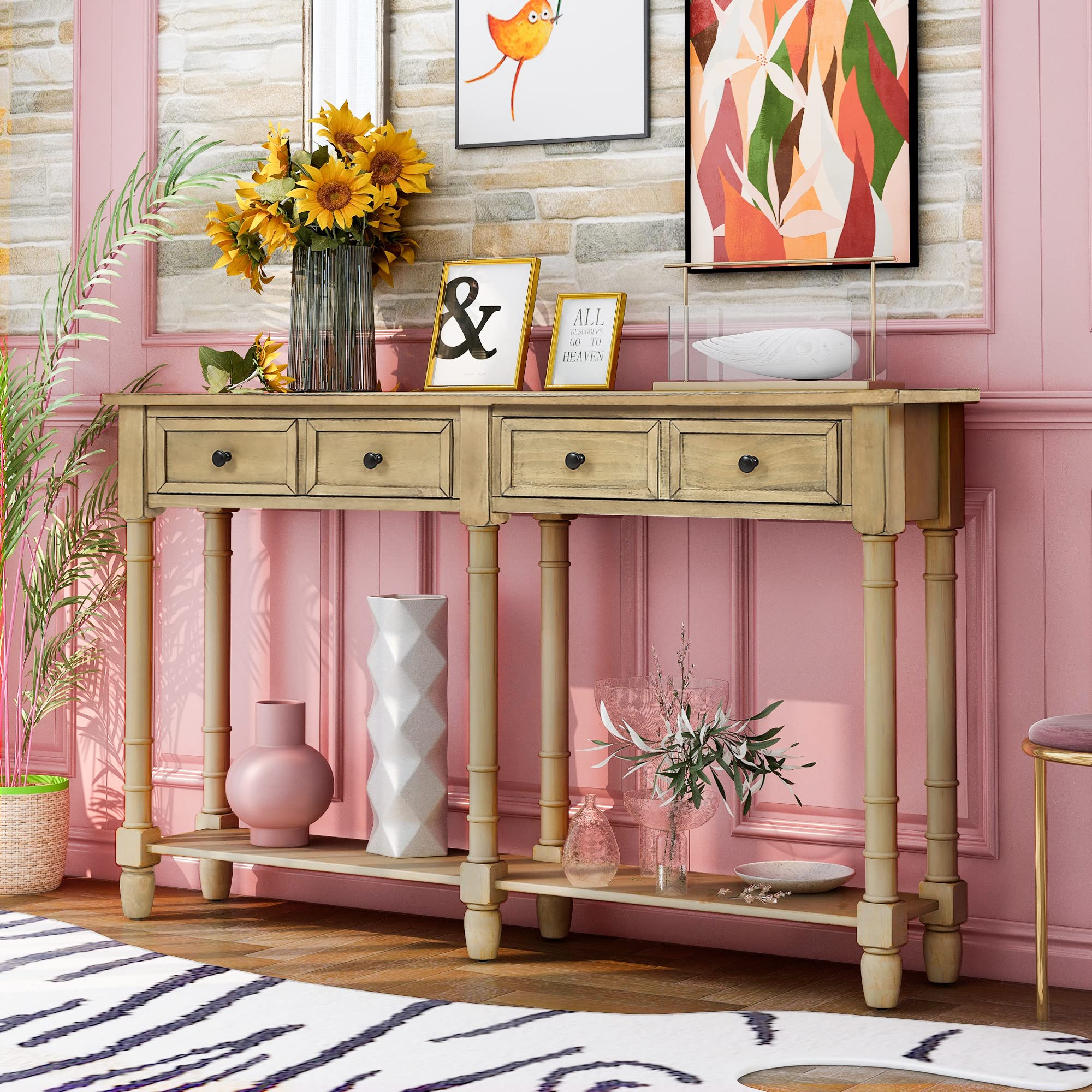 Modern Console Table with 2 Storage Drawers & Bottom Shelf - Sofa Table for Living Room, Entryway, Hallway - Easy Assembly in Ginger Finish - Perfect for Home Decor & Small Space Organization