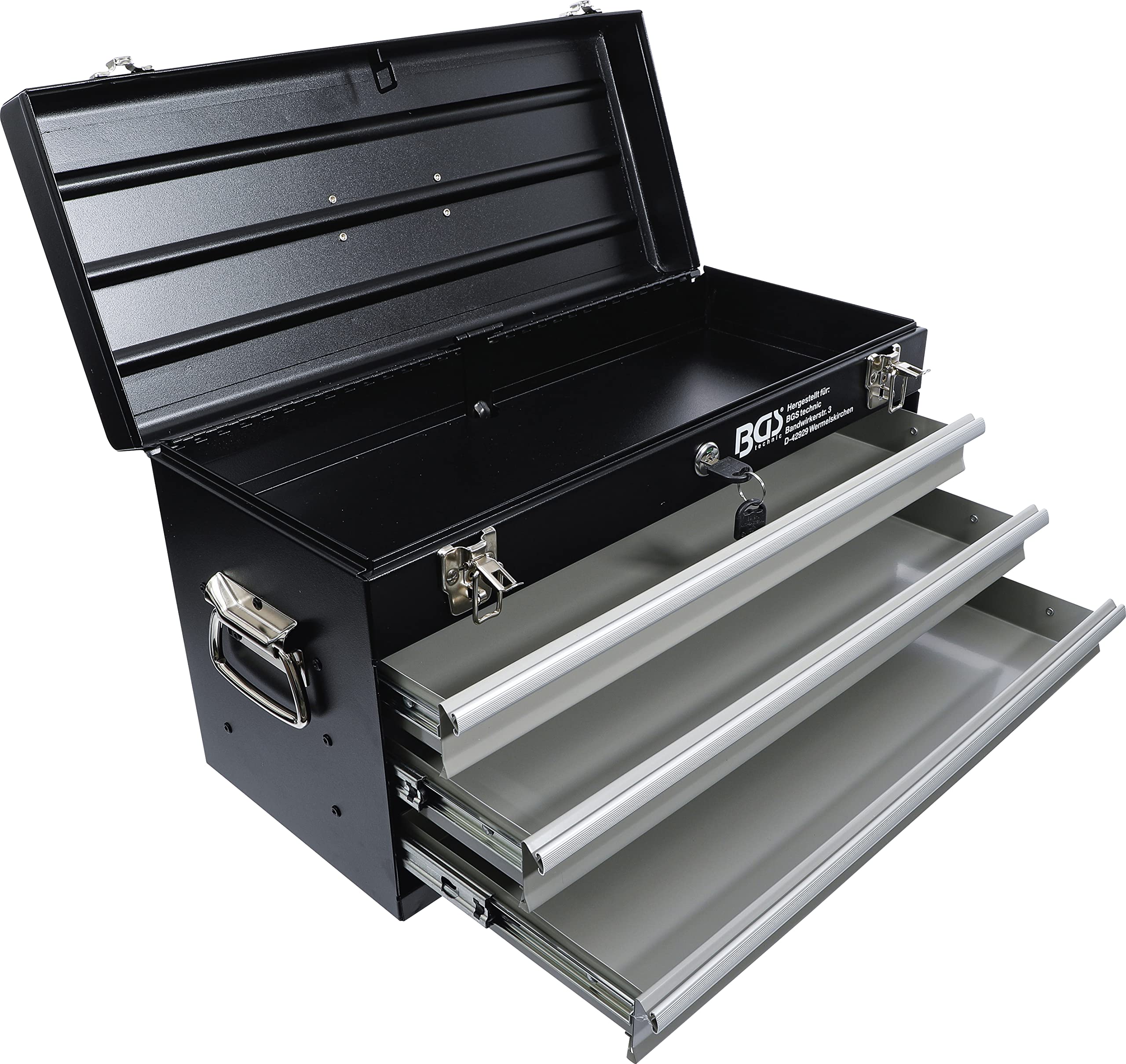 BGS 3312 Heavy Duty 3-Drawer Metal Tool Box - Silver & Black Tool Storage Organizer for Garage, Workshop, and DIY Projects