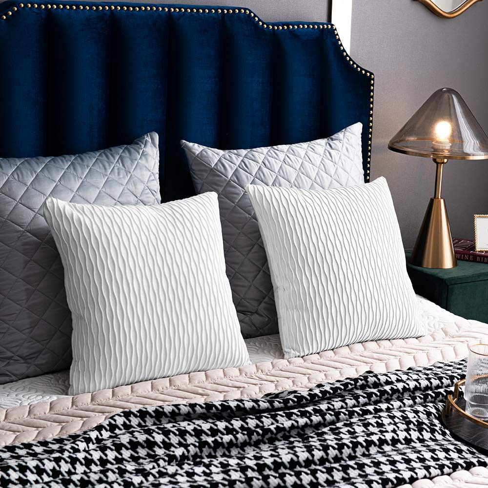 DEZENE 2-Pack 16x16 Inch White Striped Velvet Square Throw Pillow Covers - Soft Farmhouse Decor Cushion Cases for Sofa, Bed & Living Room