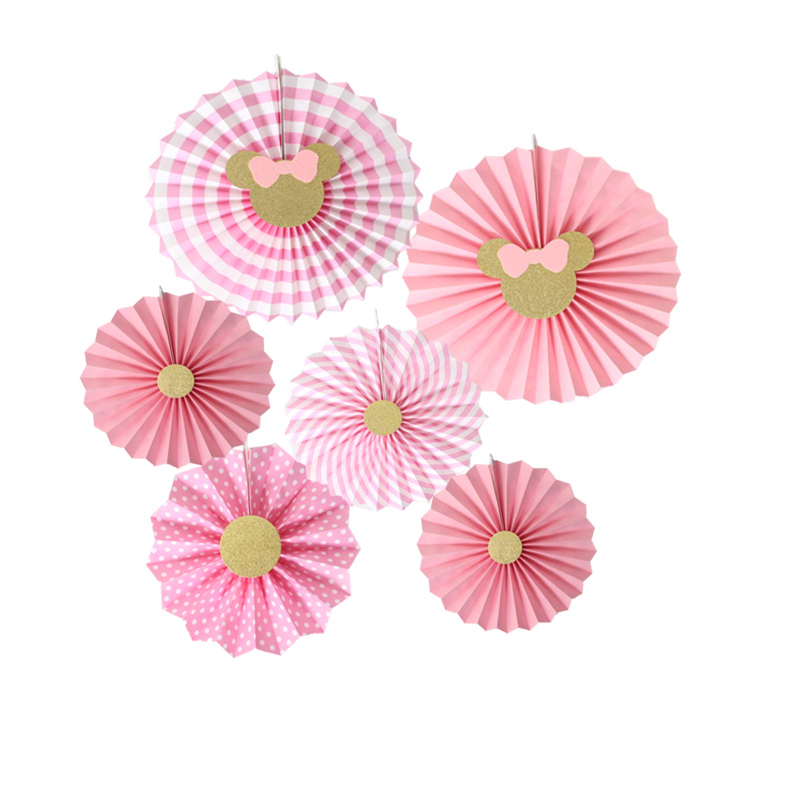 6 Pcs Minnie Mouse Paper Fans - Pink & Gold Rosette Backdrop Decor for 1st Birthday Party, Baby Shower, Disney Theme Celebration (Perfect for Photo Booth, Wall Decoration, and Party Supplies)