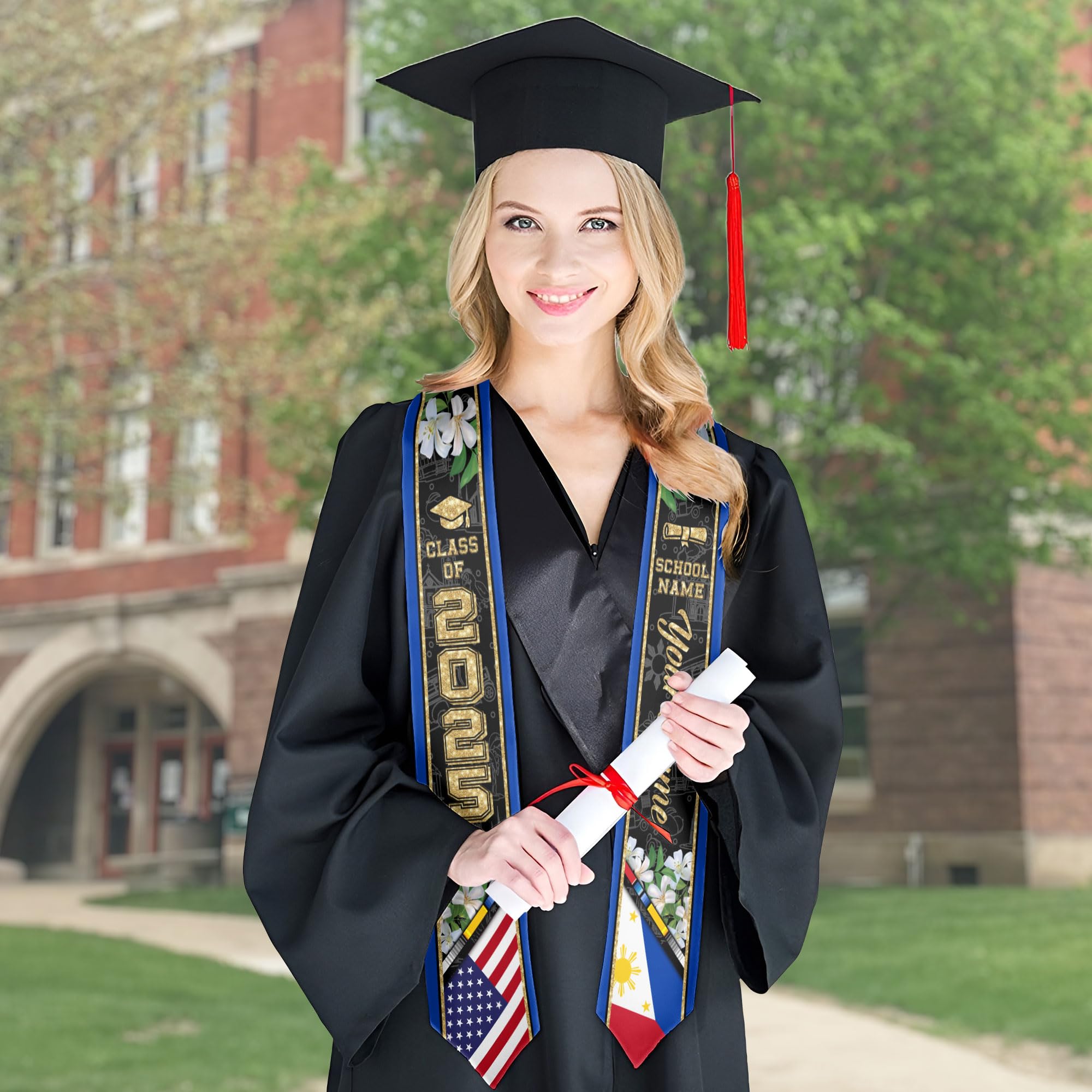 Custom Filipino American Flag Graduation Sash 2025 - Philippines Themed Graduation Stole for High School & College Ceremonies - Perfect for Filipino Heritage Celebrations & Cultural Events