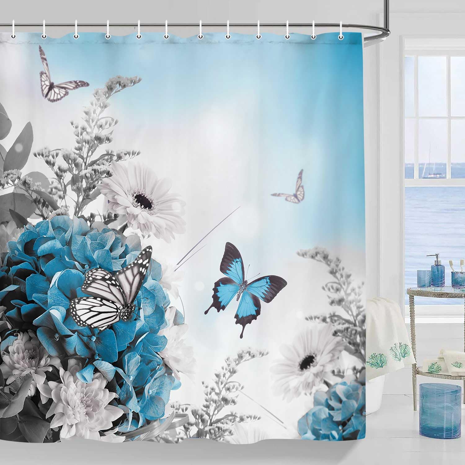 Floral Butterfly Shower Curtain - Waterproof Hydrangea Bathroom Curtain with Hooks 69x70 Inch - Elegant Lilac & Teal Flowers Design for Vintage or Modern Bathrooms - Perfect for Home Spa, Guest Bath or Kids' Bathroom Decor