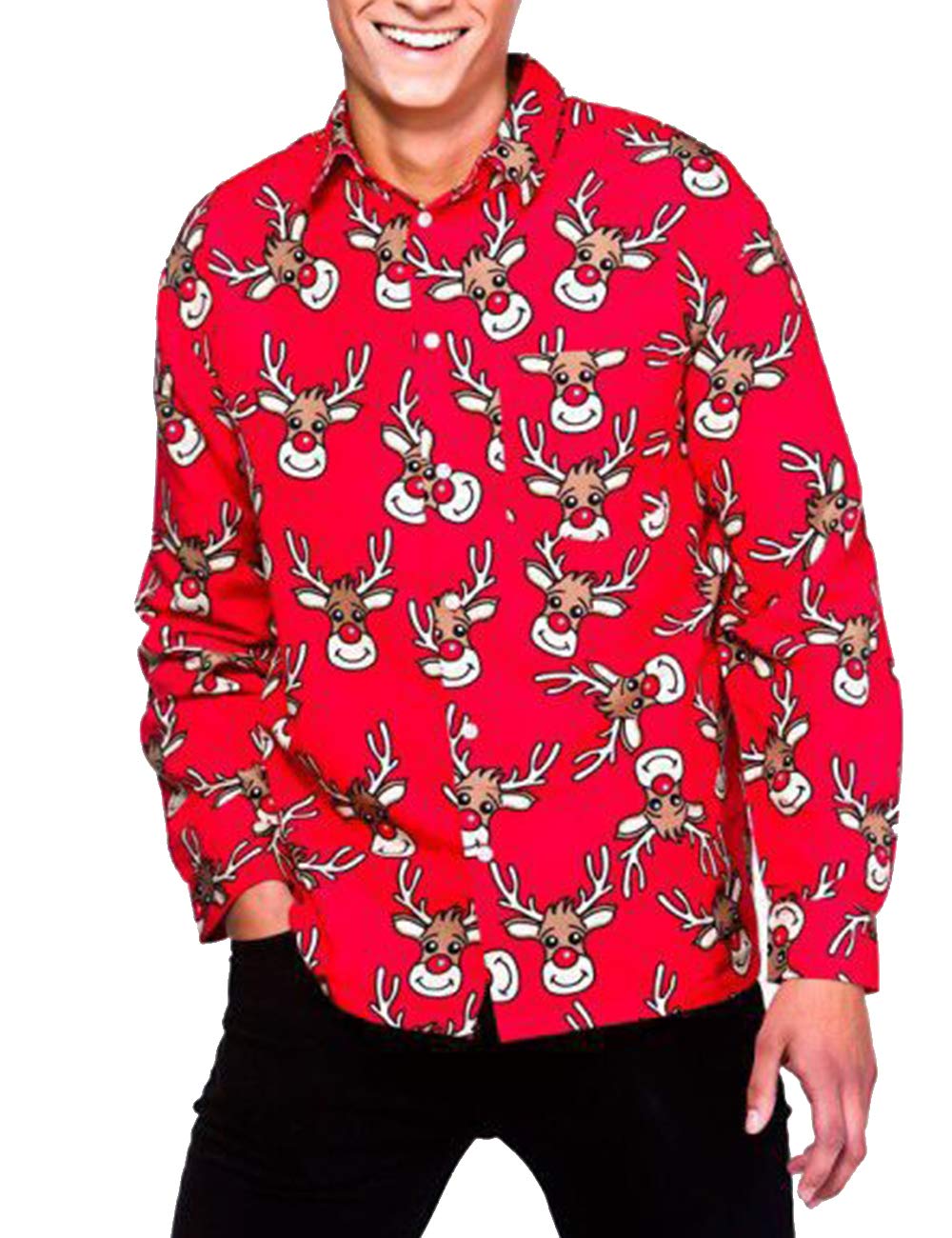 Men's Long Sleeve Christmas Santa Snowman Festive Button-Down Shirt - Holiday Party Dress Shirt with Lapel Neck for Xmas Gatherings & Office Celebrations