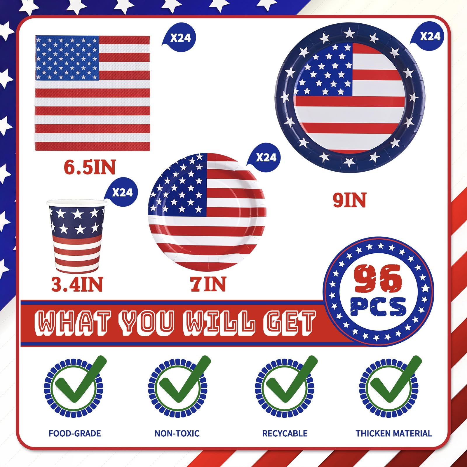 96Pcs Patriotic Paper Plates & Napkins Set - American Flag Themed Disposable Party Supplies for 4th of July, Veterans Day, Memorial Day & Election Decorations - Perfect for BBQ, Picnic, Backyard Parties & Patriotic Celebrations
