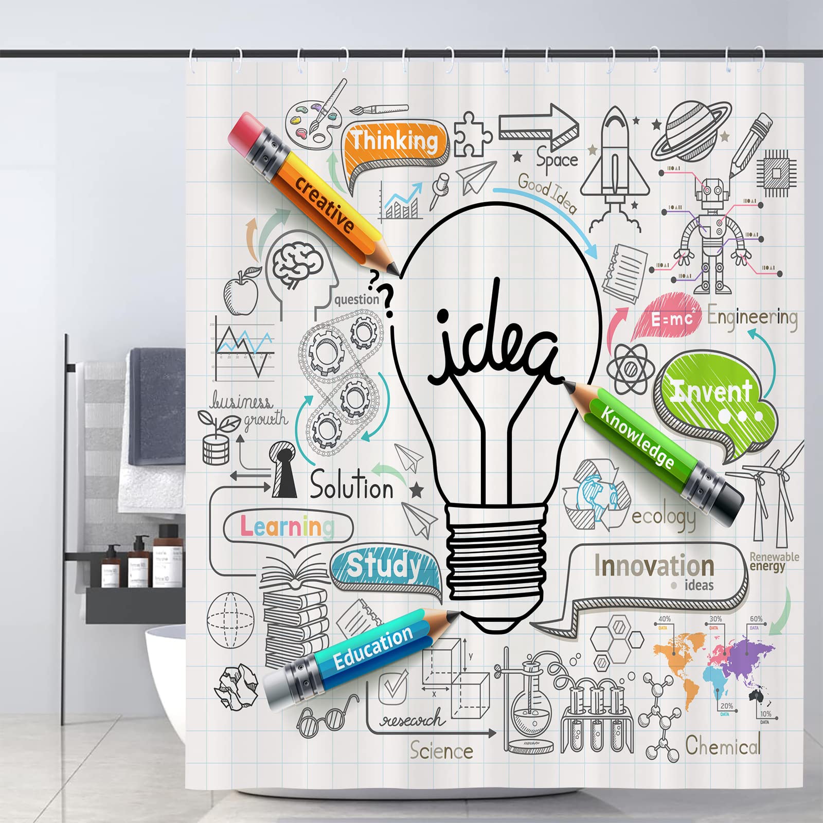 Science Themed Fabric Shower Curtain - Brainstorming & Innovation Design for Kids & Teens - 68x72 Inch Educational Bathroom Decor for School, Study Room & Science Enthusiasts