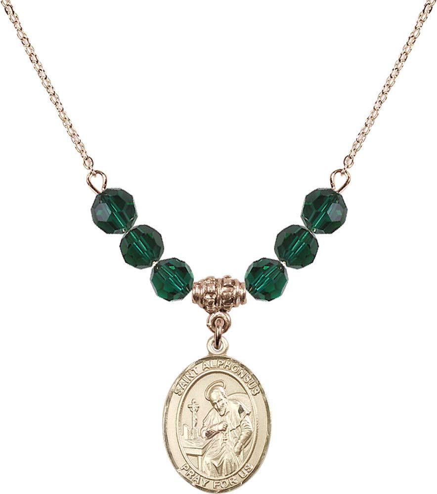 Bonyak 18K Gold Plated Green May Birthstone Necklace with 6mm Beads & Saint Alphonsus Charm - Perfect for Birthdays, Anniversaries, and Special Occasions