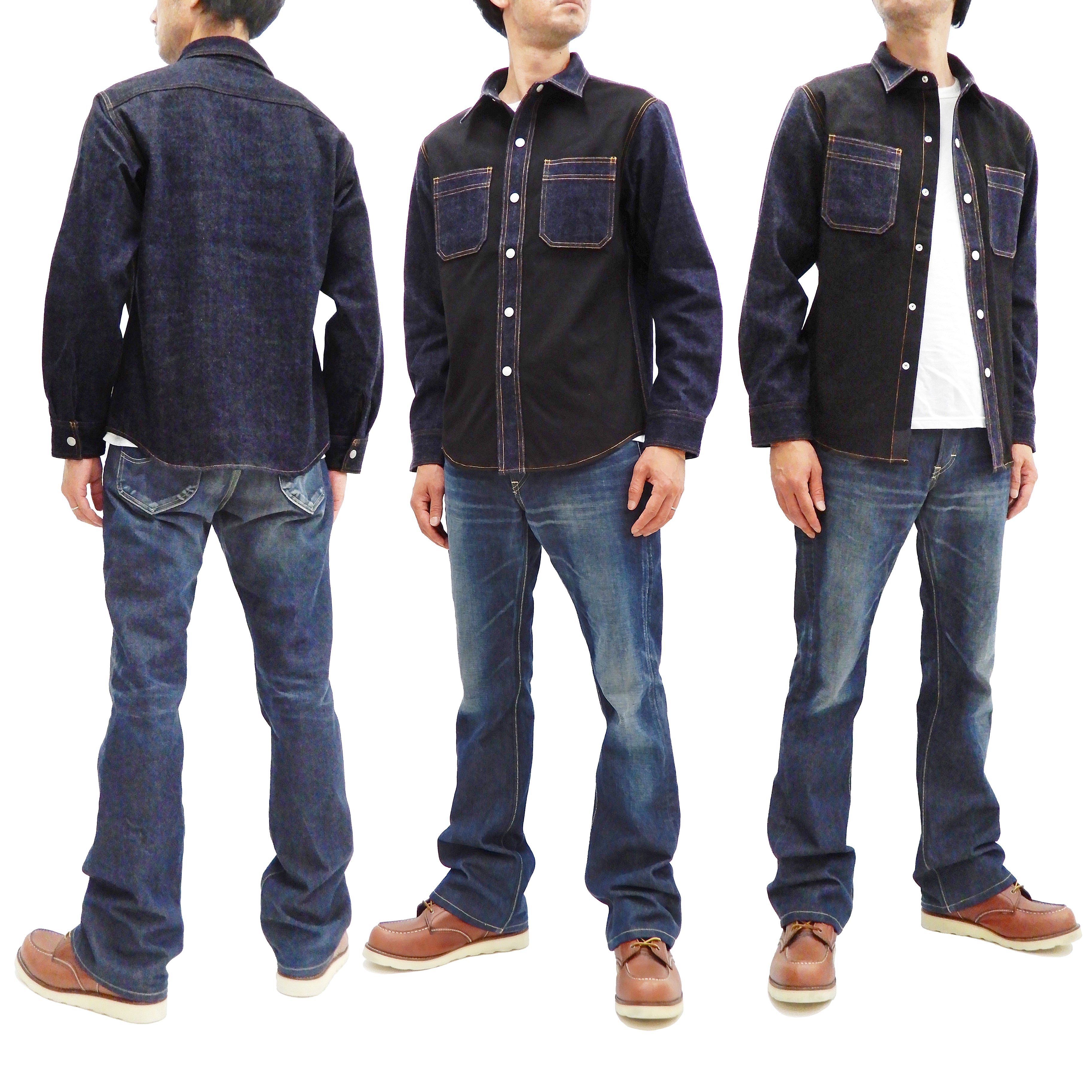 Kojima Genes Men's Contrast Panel Long Sleeve Button-Up Shirt - Two-Tone Casual & Formal Wear - RNB2081 Black Duck Canvas/Indigo Denim - Perfect for Office, Date Night & Street Style Fashion