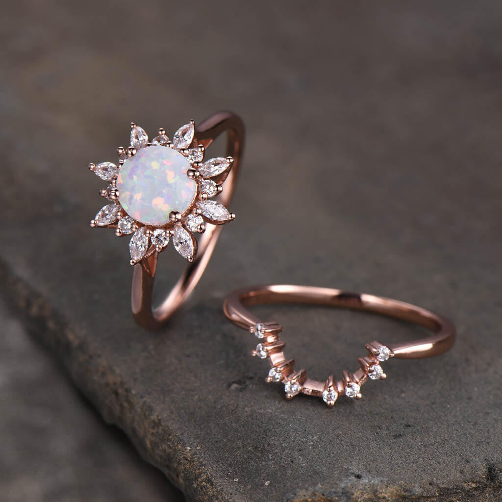 1ct Sunflower Floral Opal & Diamond/Moissanite Engagement Ring Set (2-Piece) - Perfect for Proposals, Weddings & Anniversary Gifts