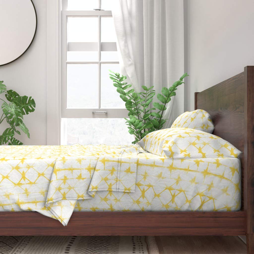 Shibori Yellow Tie Dye Boho Cotton Twin Sheet Set - 100% Cotton 3-Piece Bedding Set with Diamond & Sunshine Modern Print for Boho Chic Bedroom Decor | Perfect for Guest Rooms, Dorm Rooms & Bohemian Style Homes