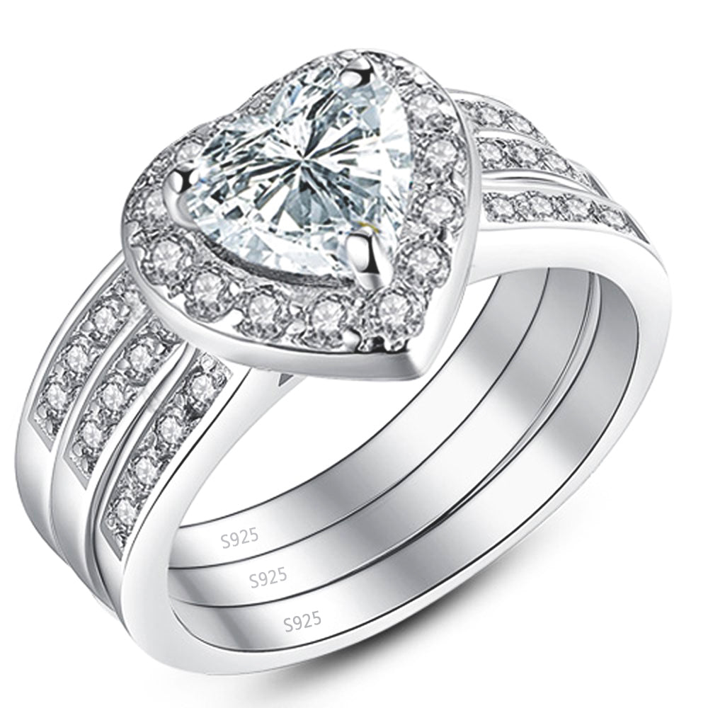 2.8 CTW Halo Heart Shaped Cubic Zirconia Sterling Silver Wedding Engagement Ring Set for Women - Perfect for Proposals, Anniversaries & Valentine's Day Gifts
