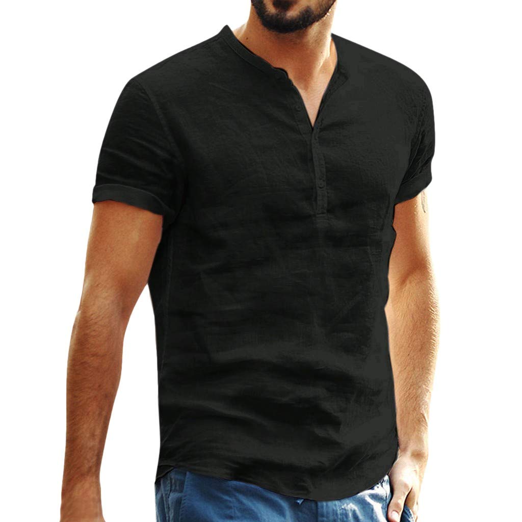 Keepfit Men's Baggy Cotton Linen Short Sleeve T-Shirt - Retro SOID Color Big & Tall Casual Top | Perfect for Summer Outfits, Beach Wear & Street Style Fashion