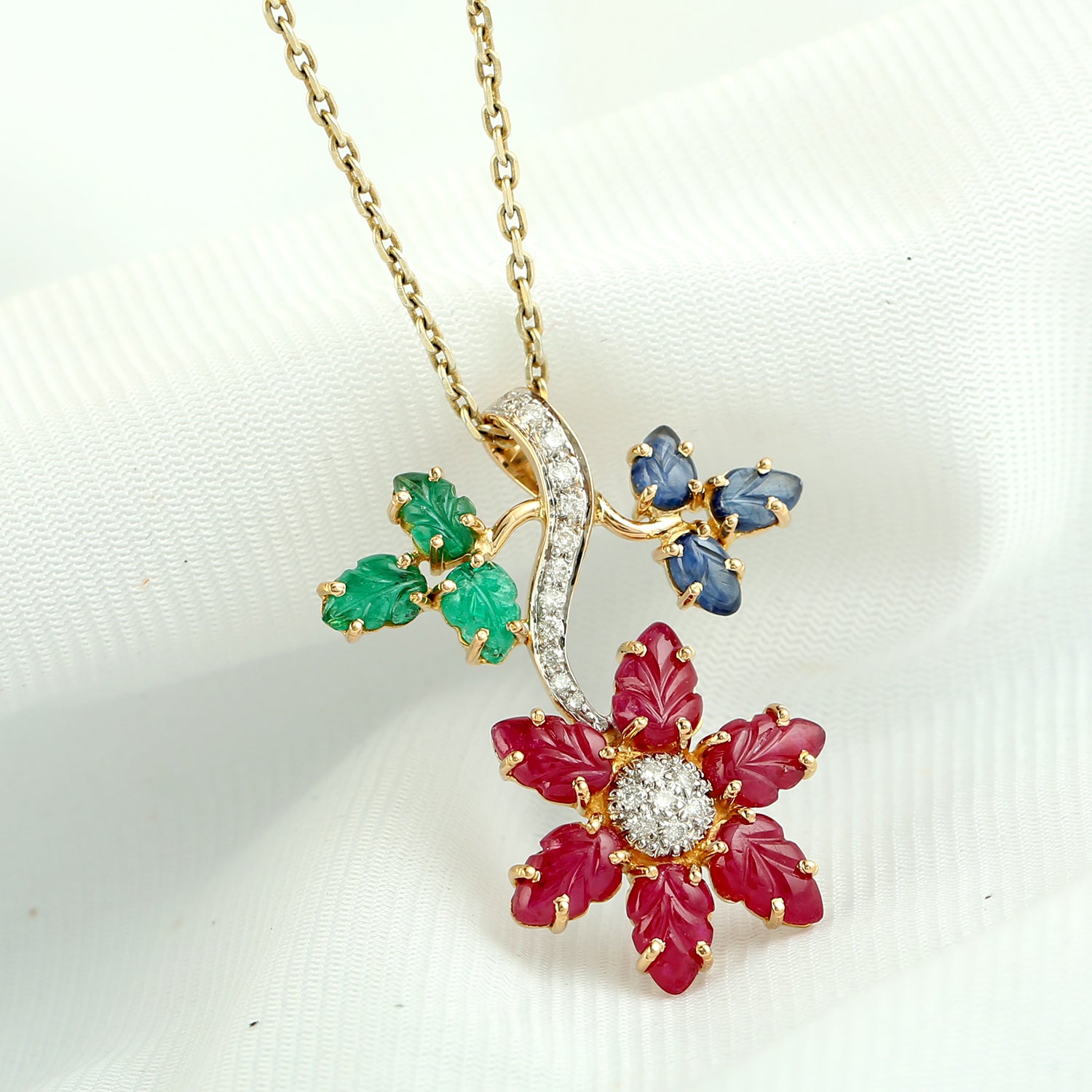 Exquisite Carved Ruby, Emerald & Blue Sapphire Pendant with Diamond Accents in 14K Yellow Gold - Elegant Jewelry Gift for Women, Perfect for Weddings & Special Occasions