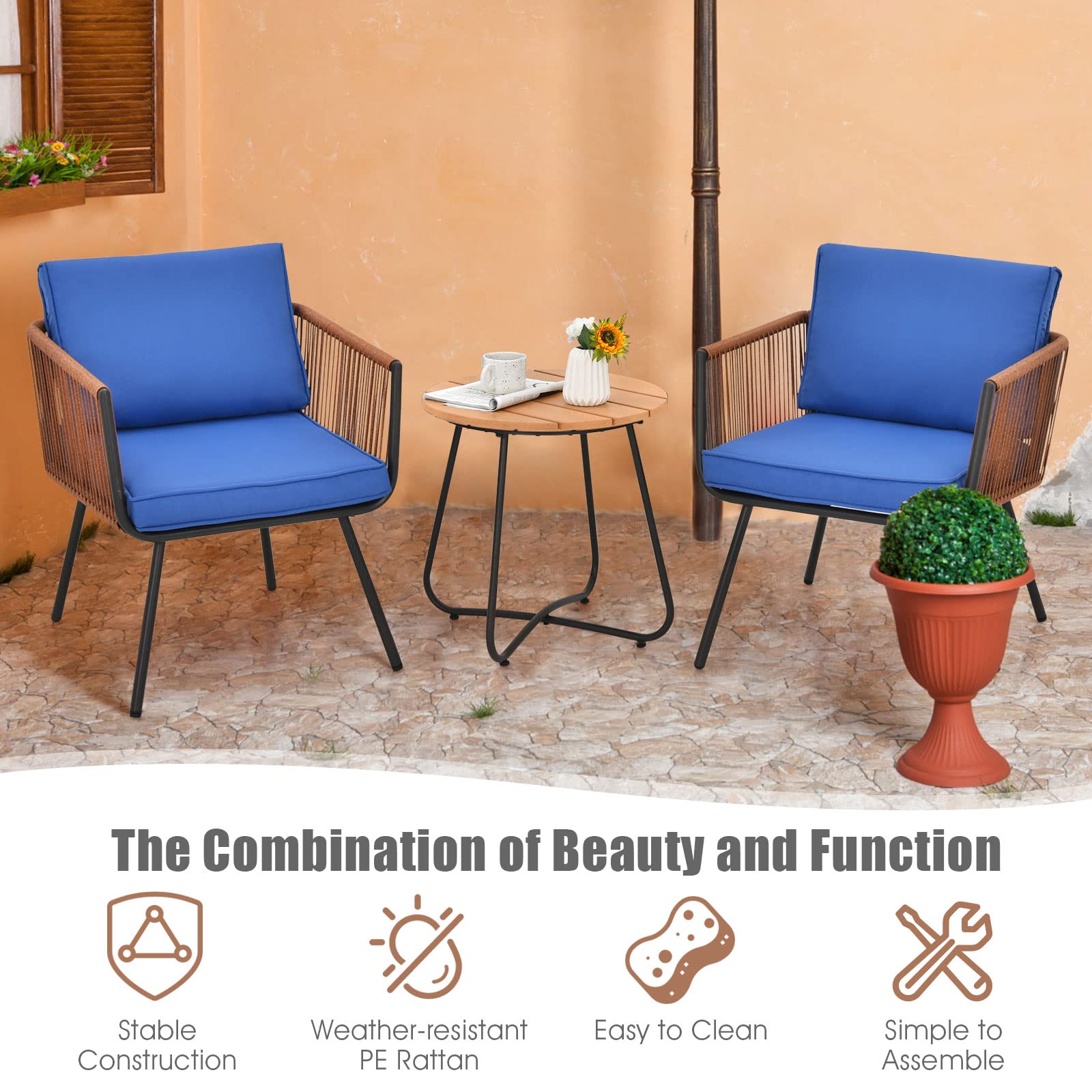 **Tangkula 3-Piece Patio Bistro Set - Outdoor Conversation Chairs with Coffee Table, Modern Garden Furniture with Soft Cushions - Perfect for Porch, Backyard, Garden & Poolside (Navy Blue) | Durable & Weather-Resistant for Relaxing & Entertaining**