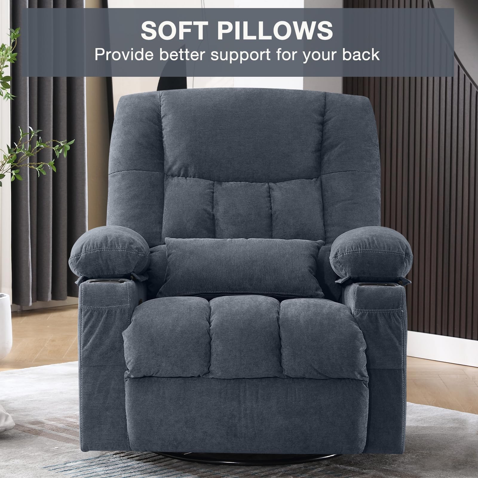 Ergonomic Massage Recliner Chair with Vibration & Heat - Swivel Rocking Lounge Chair with USB Charging Port, Cup Holders & Side Pocket for Living Room | Perfect for Relaxation, Home Theater & Pain Relief