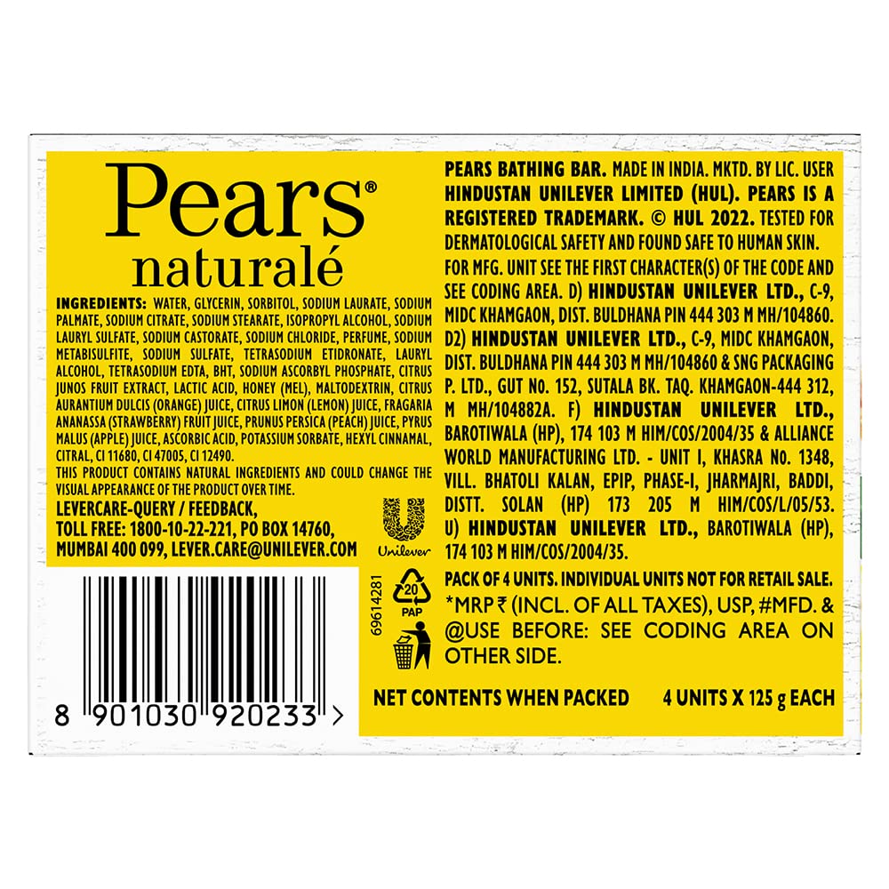 Pears Naturale Vitamin C Soap 4-Pack (125g Each) - Brightening & Glowing Face & Body Cleanser for Acne-Prone & Dull Skin - Daily Skincare Routine