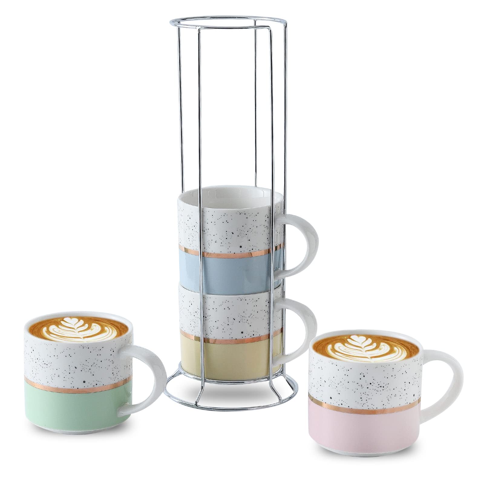 Premium Ceramic Stackable Coffee Mugs Set of 4 - 15oz Large Coffee Cups with Stand - Colorful Diner Style Mugs for Cappuccino, Tea, Hot Chocolate & Cereal - Perfect for Home, Office & Restaurant Use