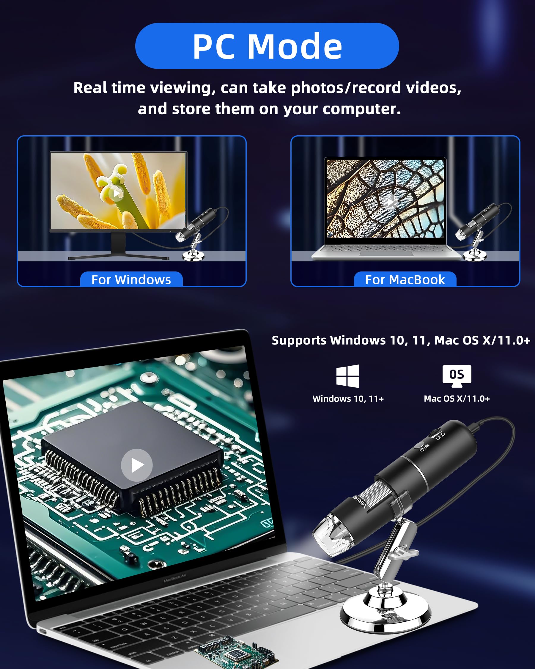 Wireless Digital Microscope 50x-1000x Magnification, USB HD Inspection Camera with Stand - Compatible with iPhone, iPad, Samsung, Android, Mac & Windows - Perfect for Jewelry Repair, Coin Collecting, PCB Inspection & Science Education (Blue)