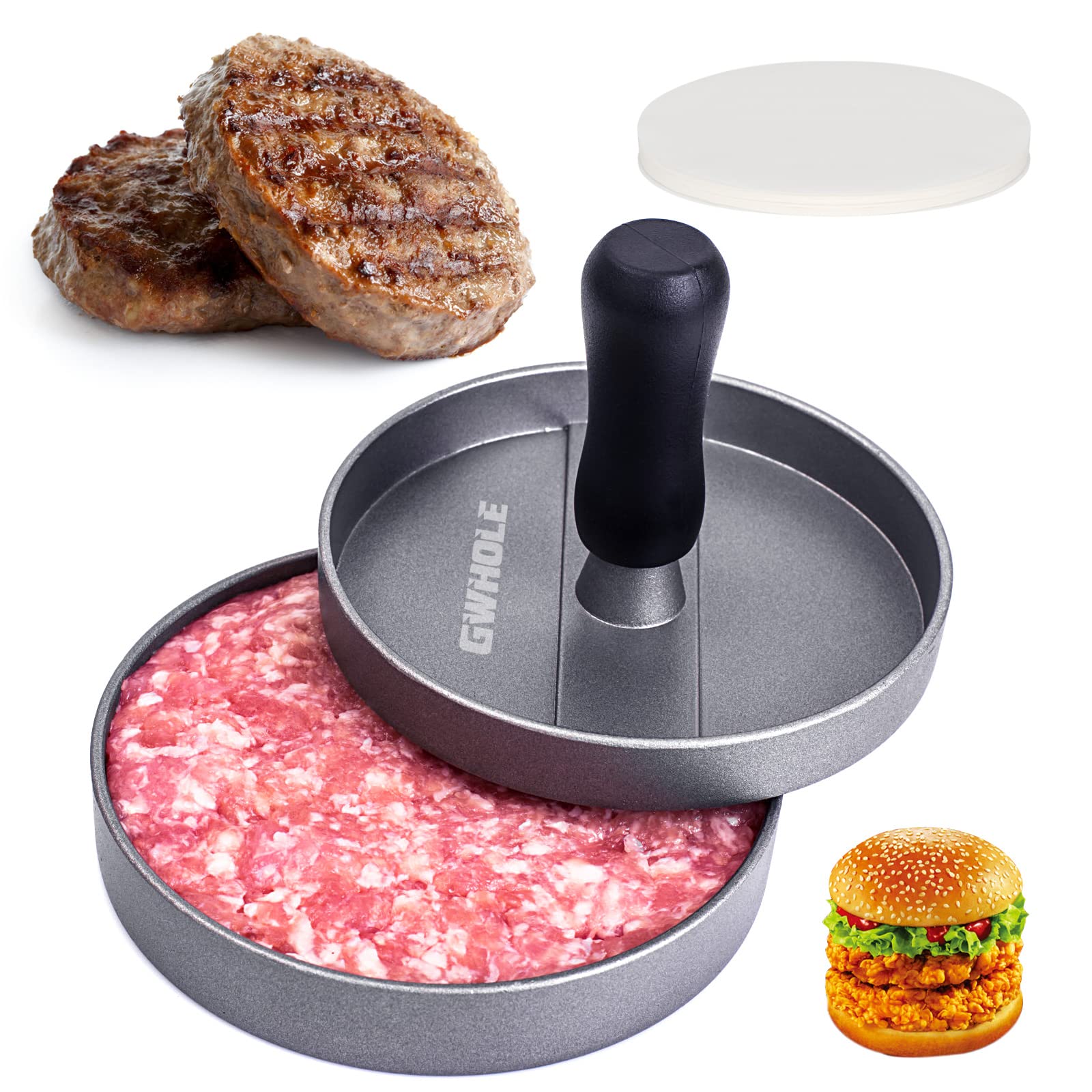 GWHOLE Non-Stick Hamburger Press Maker with 100 Wax Discs - Perfect for BBQ, Grilling, and Homemade Burgers - Ideal for Backyard Parties, Camping, and Outdoor Cooking