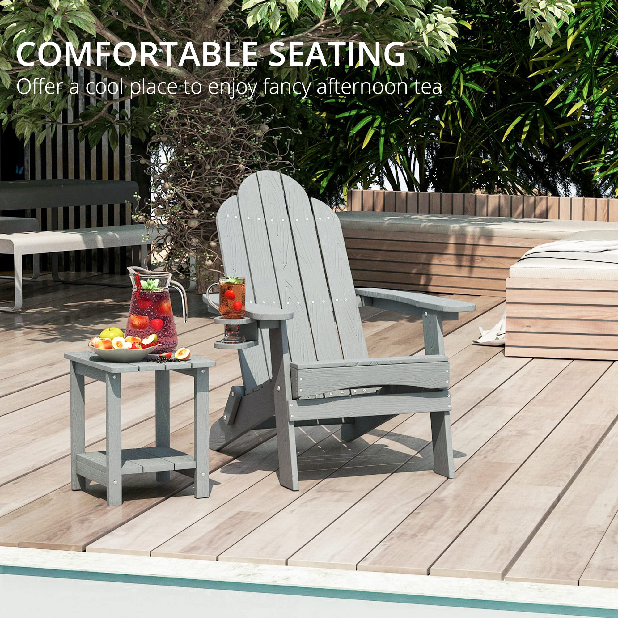 LUE BONA 6-Piece Folding Adirondack Chair Set - Gray HDPE Weather-Resistant Outdoor Patio Chairs with Cup Holder for Fire Pit, Backyard, Poolside & Garden Relaxation