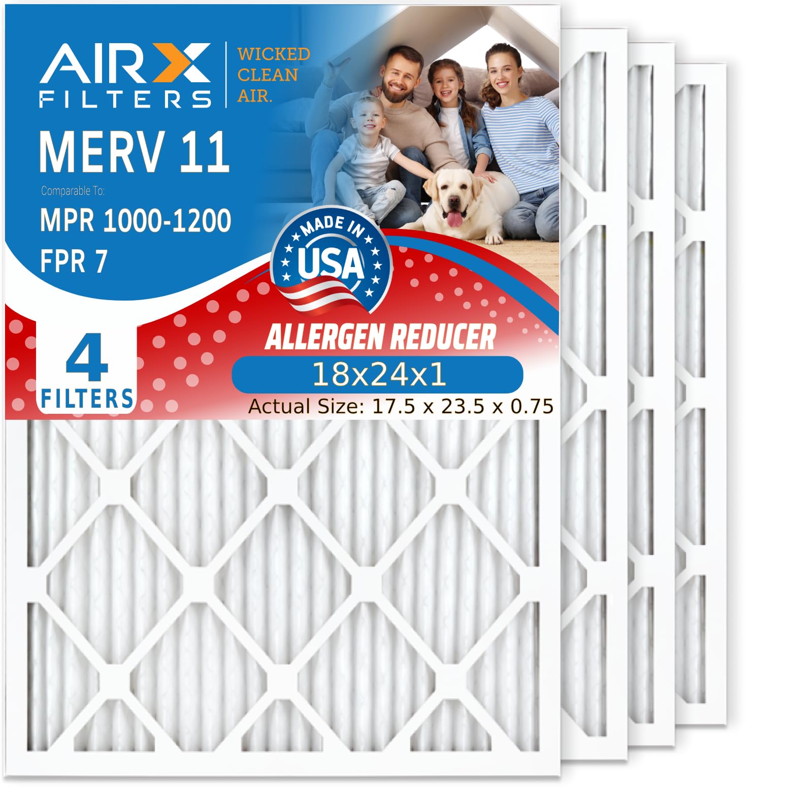 18x24x1 MERV 11 Electrostatic Pleated Air Filter 4 Pack - High Efficiency HVAC AC Furnace Filters for Cleaner Air | Perfect for Homes, Offices & Allergies Relief