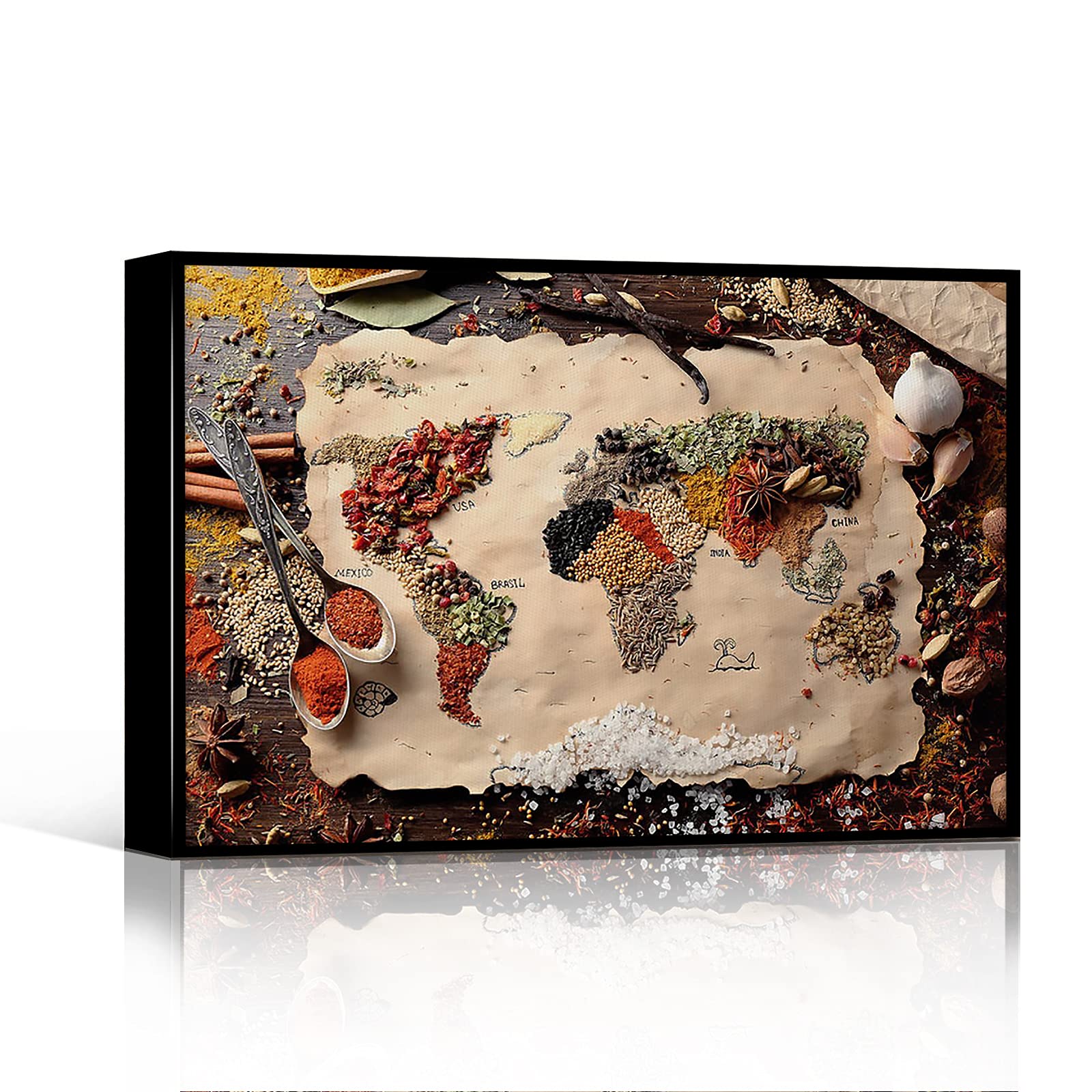 Farmhouse Kitchen Wall Decor - Asian Inspired Spice & Herb World Map Canvas Art Print - 12x16 Inch Framed Wall Art for Restaurant, Cafe & Dining Room - Perfect for Modern Farmhouse, Boho & Rustic Kitchen Decor