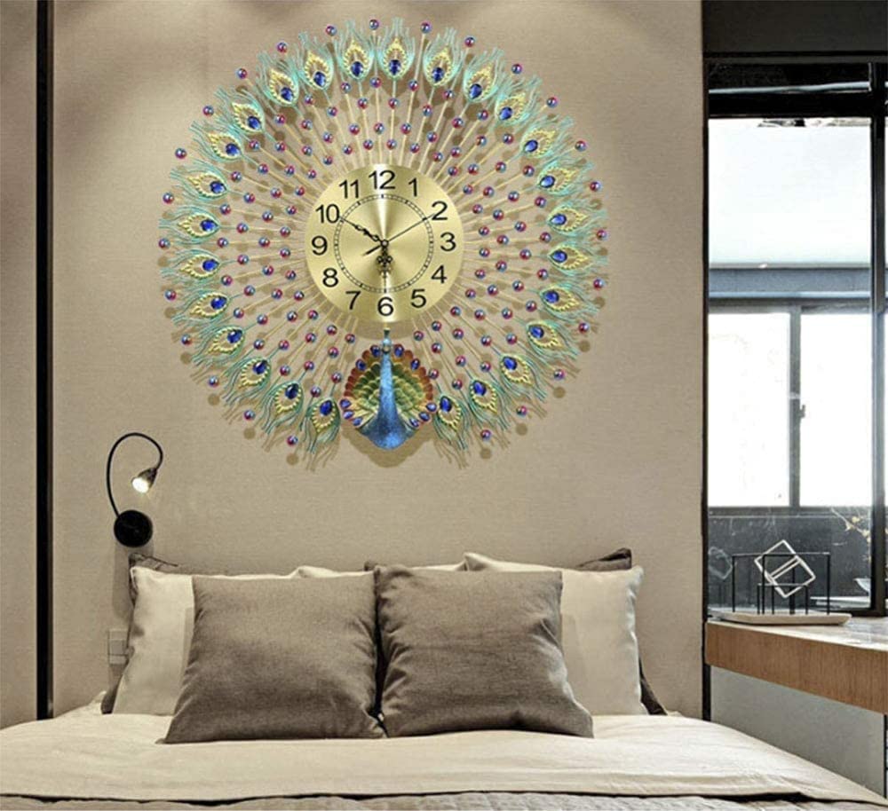 European Peacock Wall Clock - Elegant Crystal Living Room Decor, Creative Personality Art Wall Clock for Bedroom, Kids Room, Kitchen & Home Office - 27.5 Inch (70cm) - Perfect for Home, Office & Gift Giving