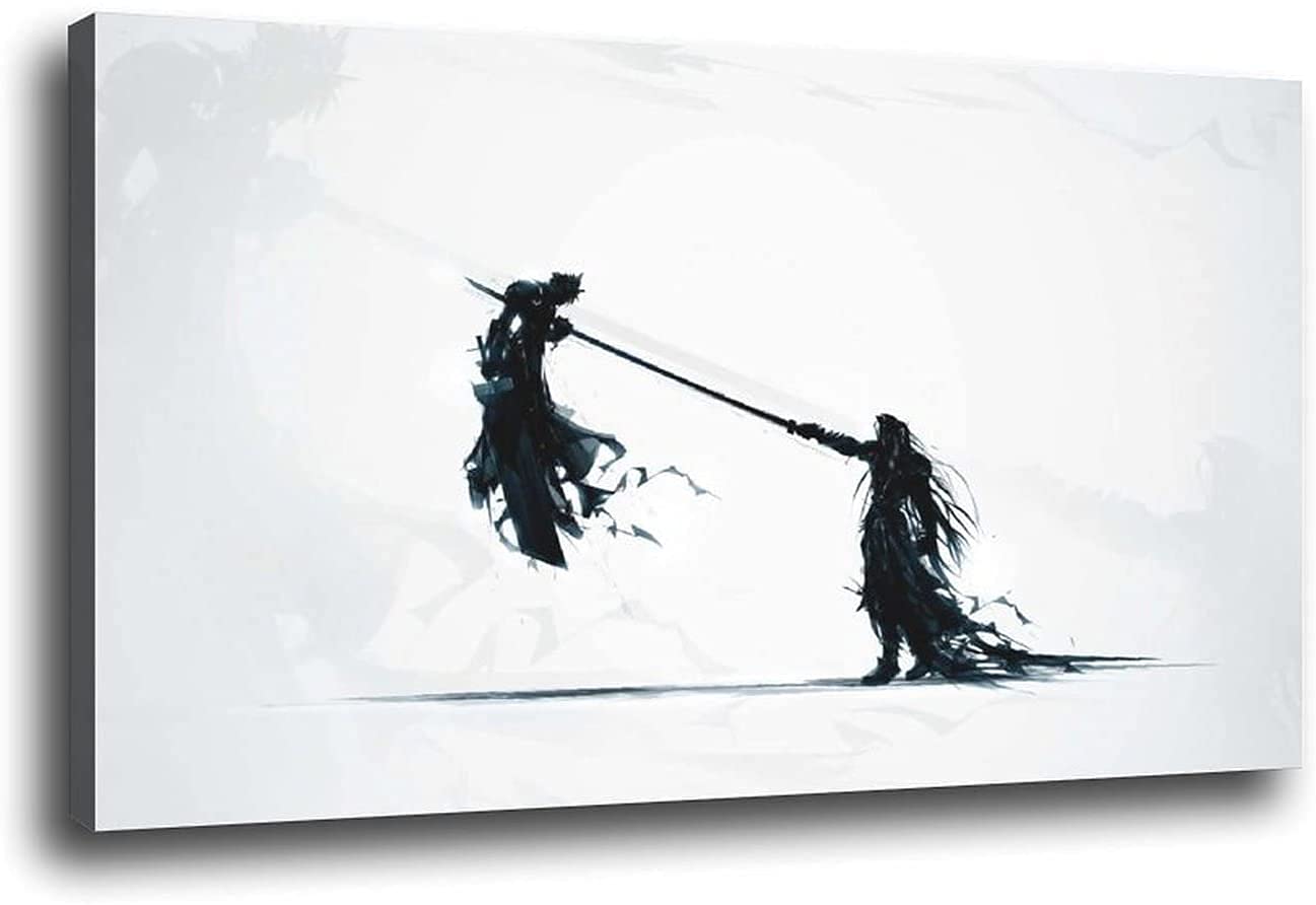 Final Fantasy VII Cloud vs Sephiroth Anime Art Print Poster - 24x36 Inch Framed Canvas Wall Decor for Gamers & Anime Fans - Perfect for Bedroom, Game Room & Office Decor