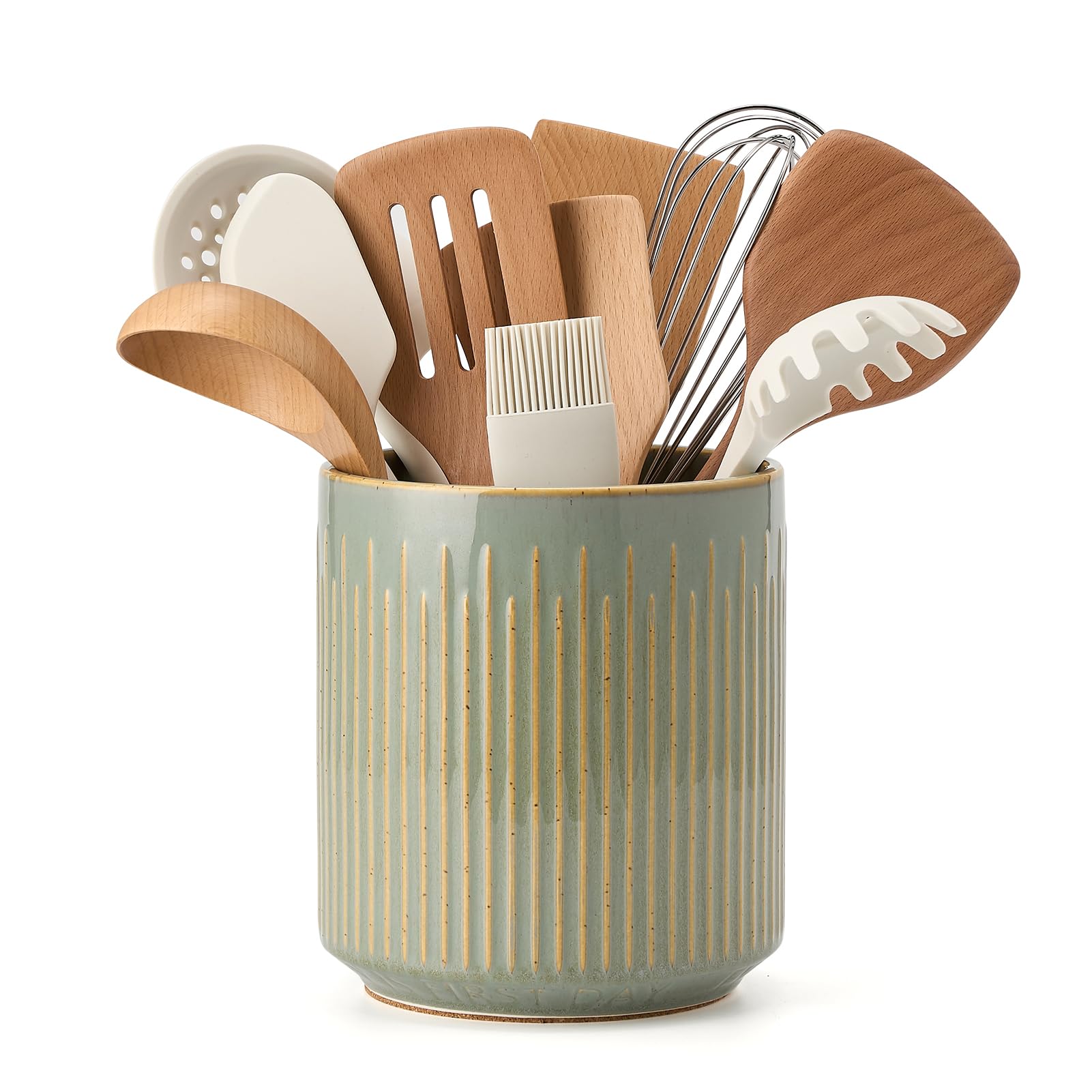 Premium Ceramic Kitchen Utensil Holder with Removable Bamboo Divider - 7.2